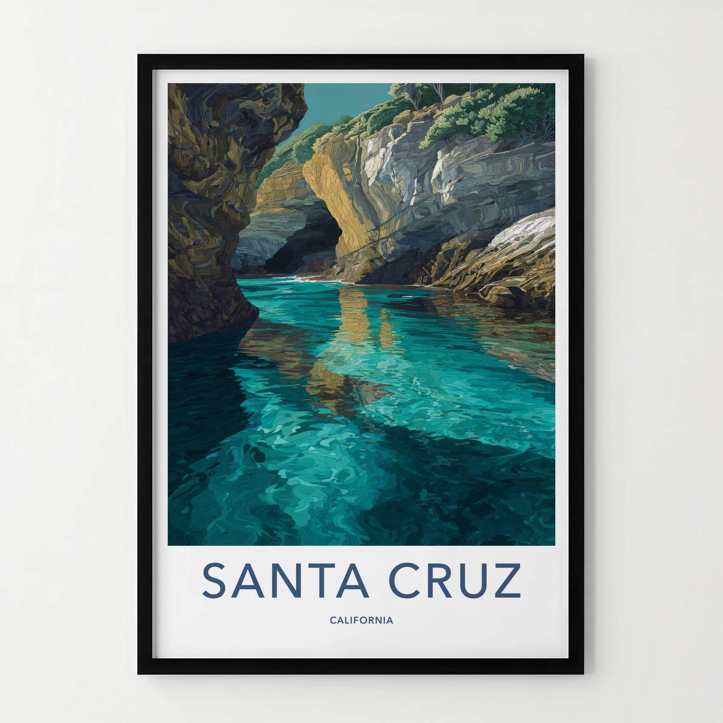 Santa Cruz Poster - California Travel Art - Turquoise Water Caves Wall Decor