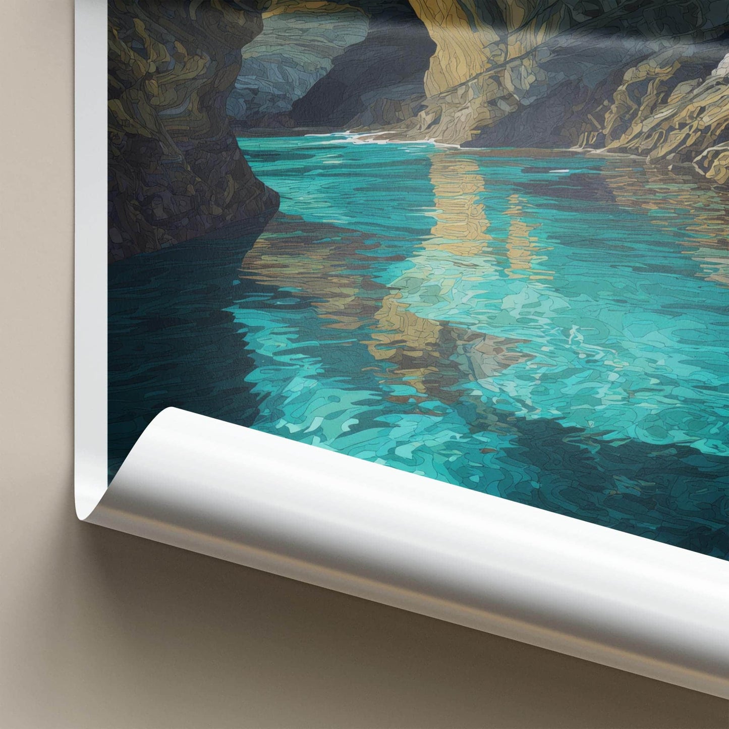Santa Cruz Poster - California Travel Art - Turquoise Water Caves Wall Decor