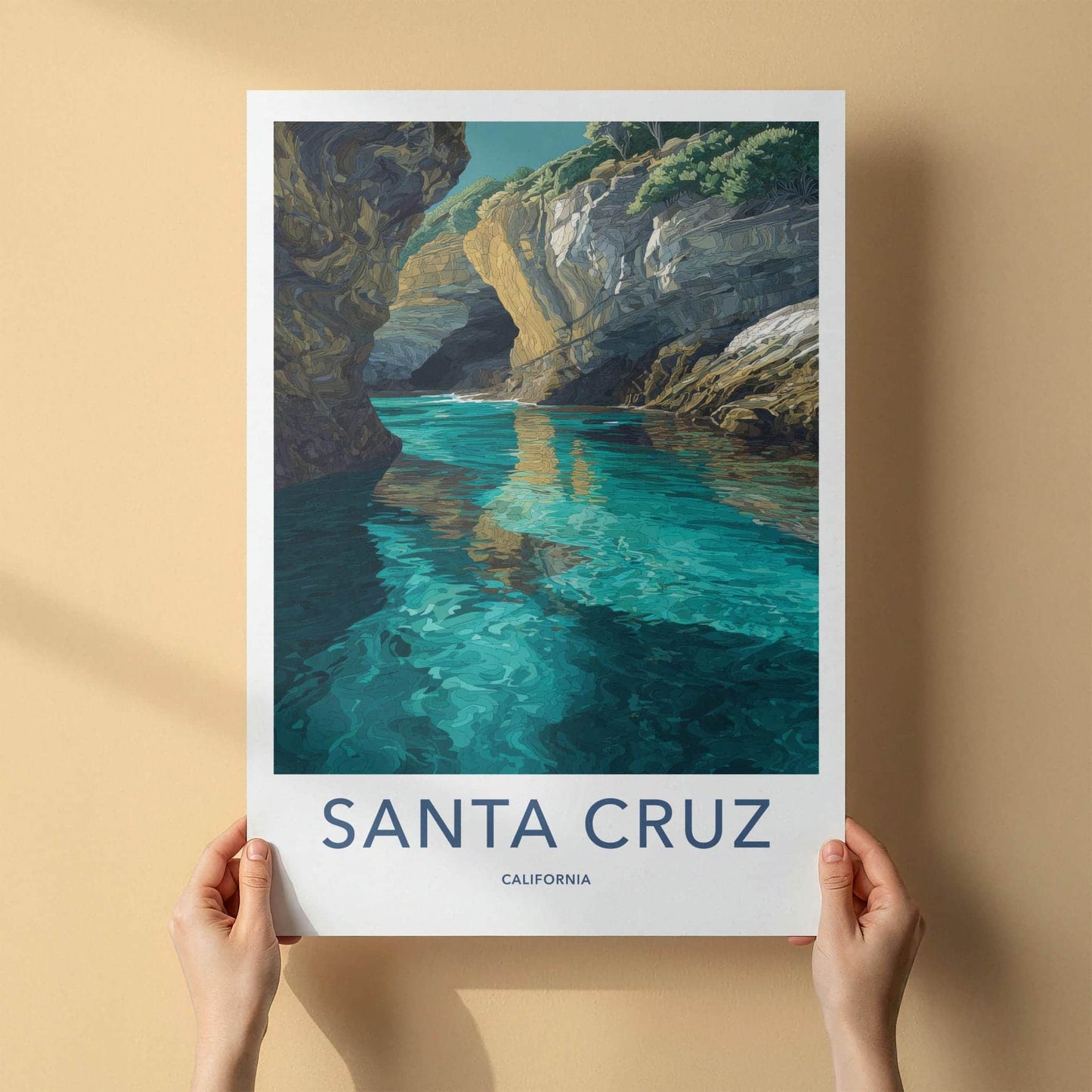 Santa Cruz Poster - California Travel Art - Turquoise Water Caves Wall Decor