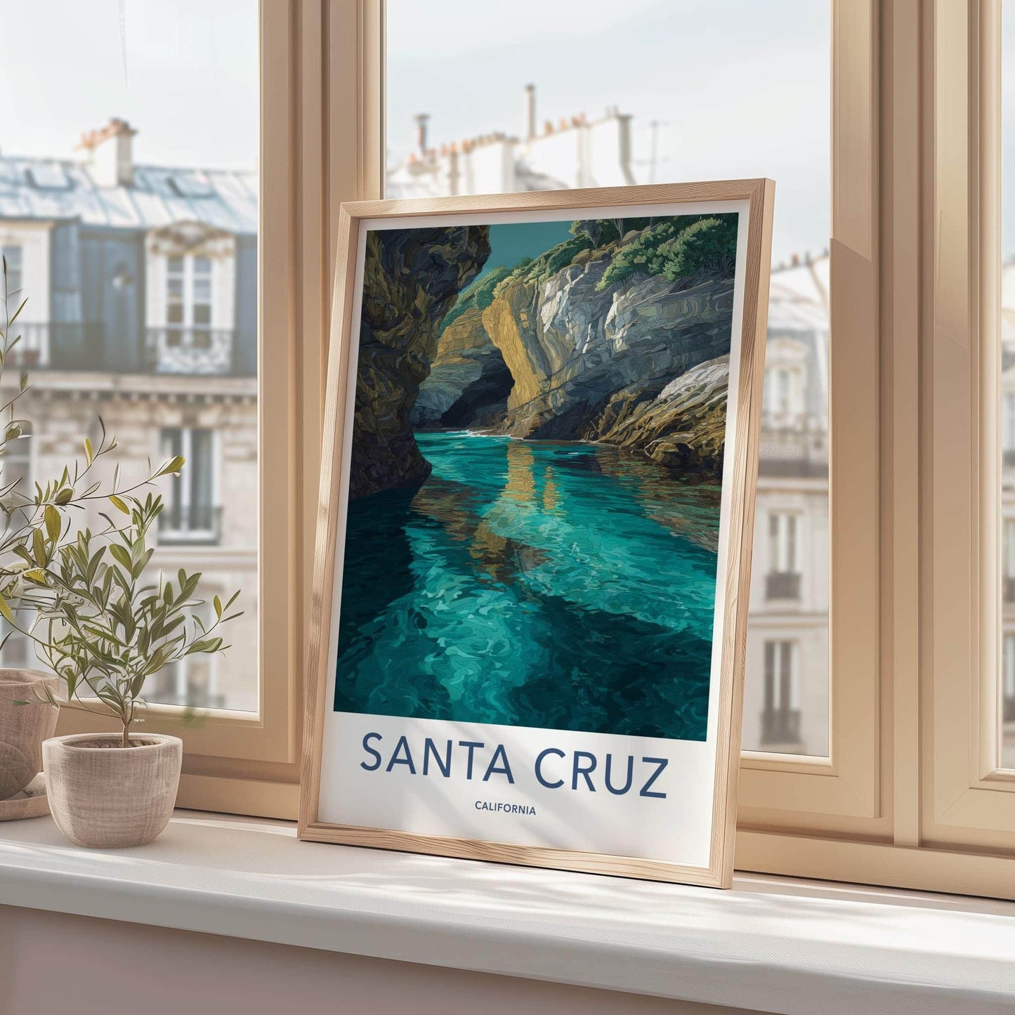 Santa Cruz Poster - California Travel Art - Turquoise Water Caves Wall Decor
