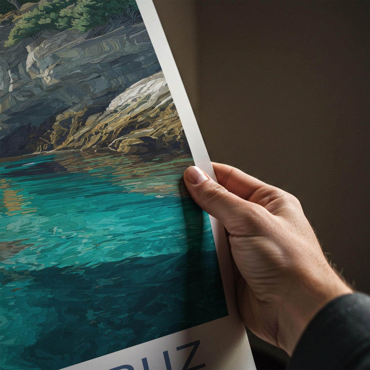Santa Cruz Poster - California Travel Art - Turquoise Water Caves Wall Decor