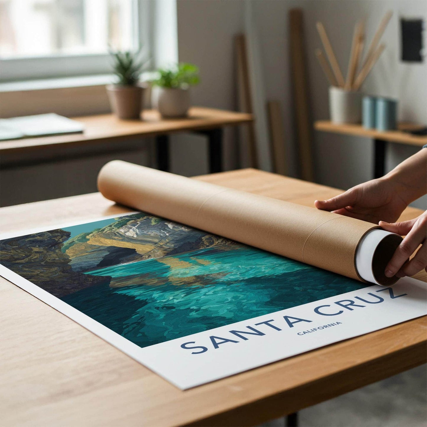 Santa Cruz Poster - California Travel Art - Turquoise Water Caves Wall Decor