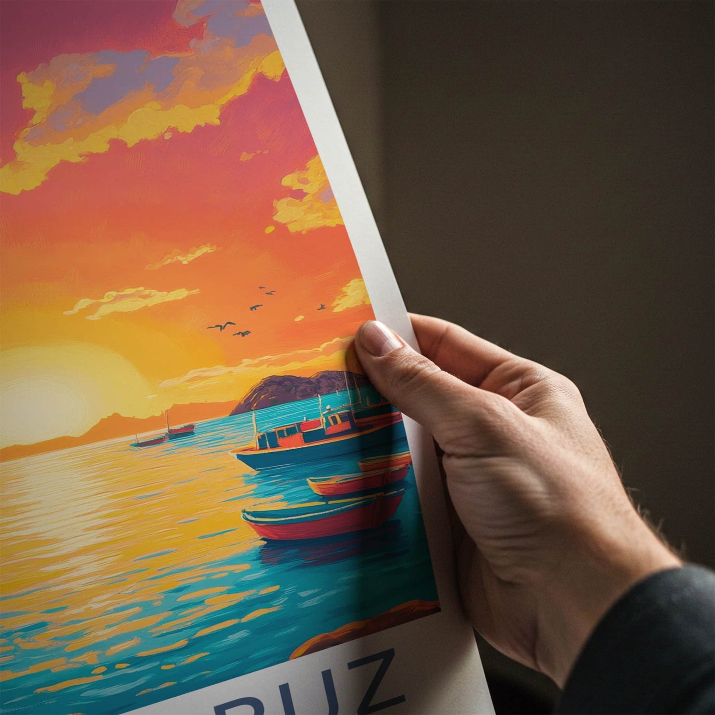 Santa Cruz Poster - Ecuador Travel Art - Boats Sunset Ocean Home Decor