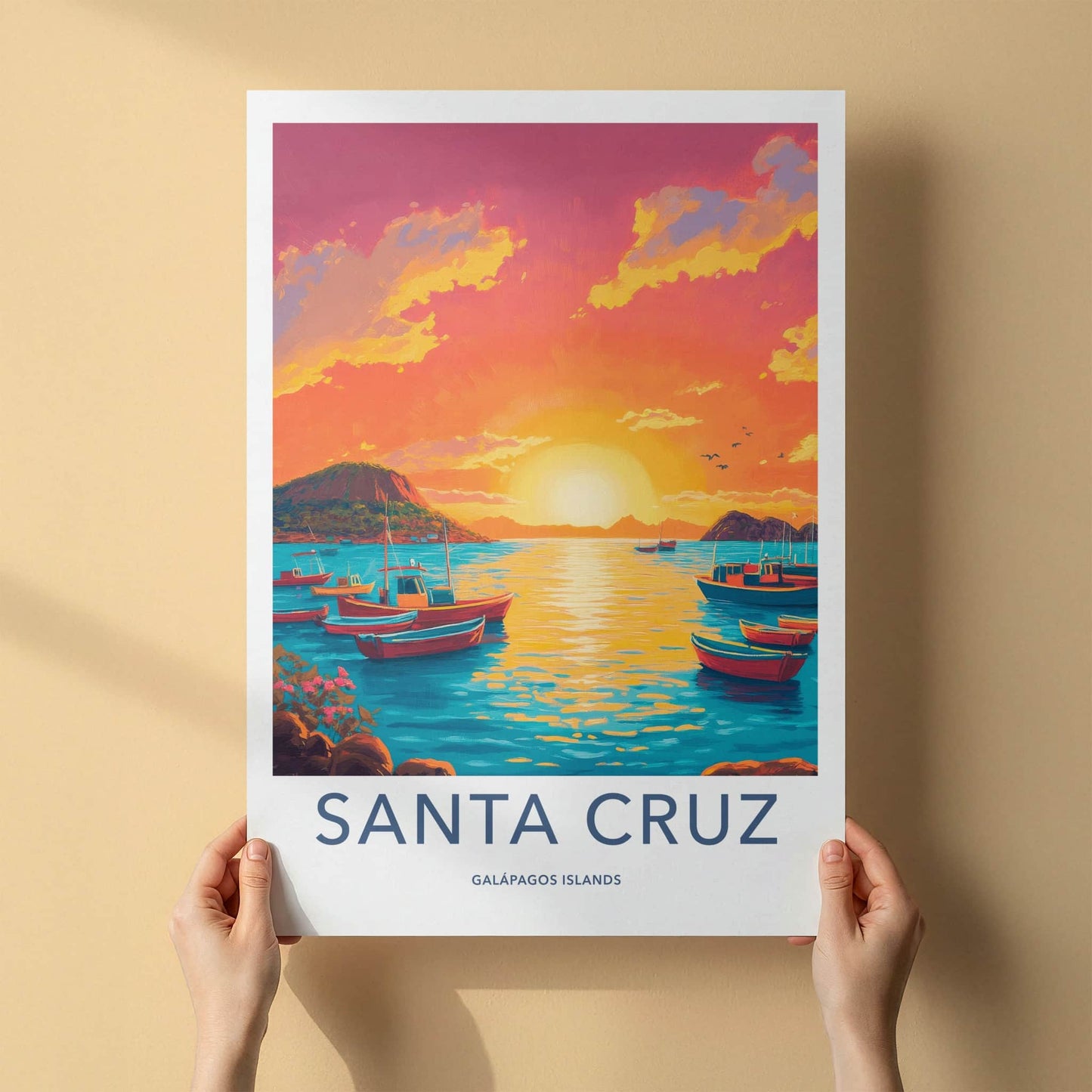 Santa Cruz Poster - Ecuador Travel Art - Boats Sunset Ocean Home Decor