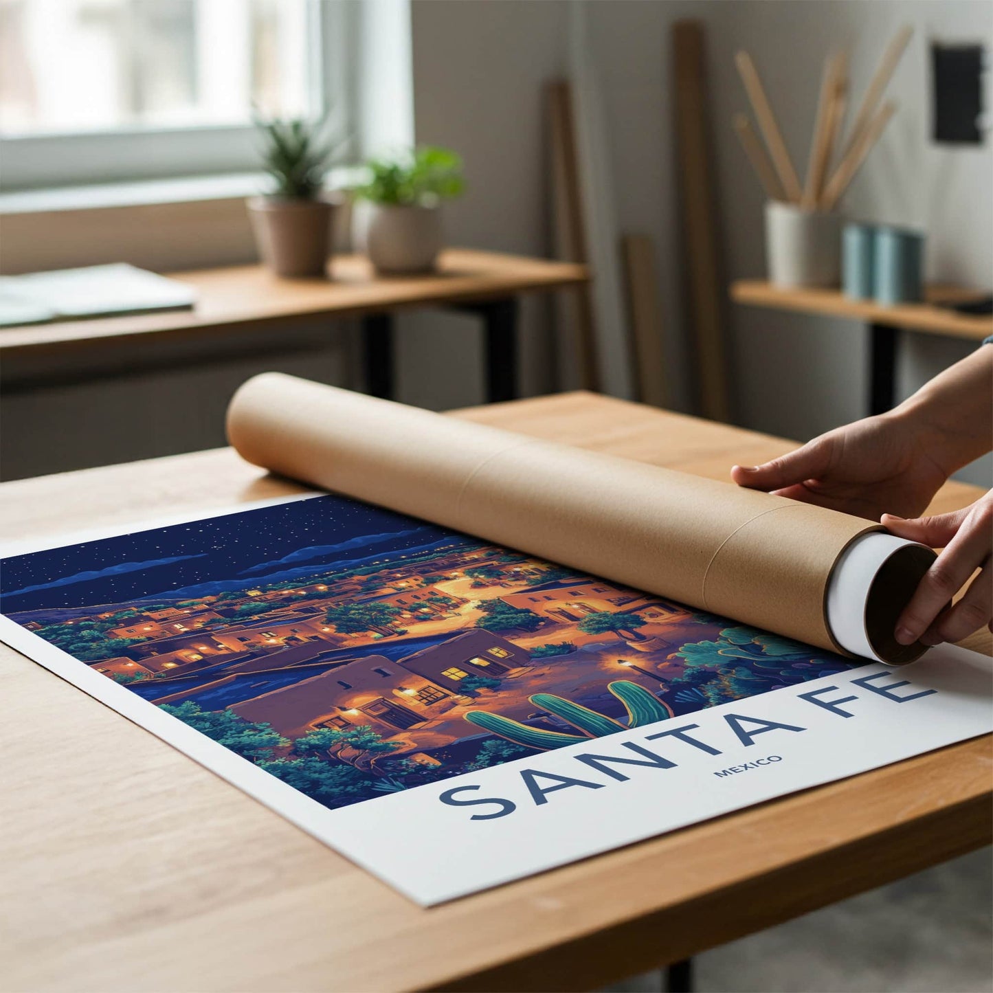 Santa Fe Poster - Mexico Travel Art - Moonlit Desert Town Home Decor