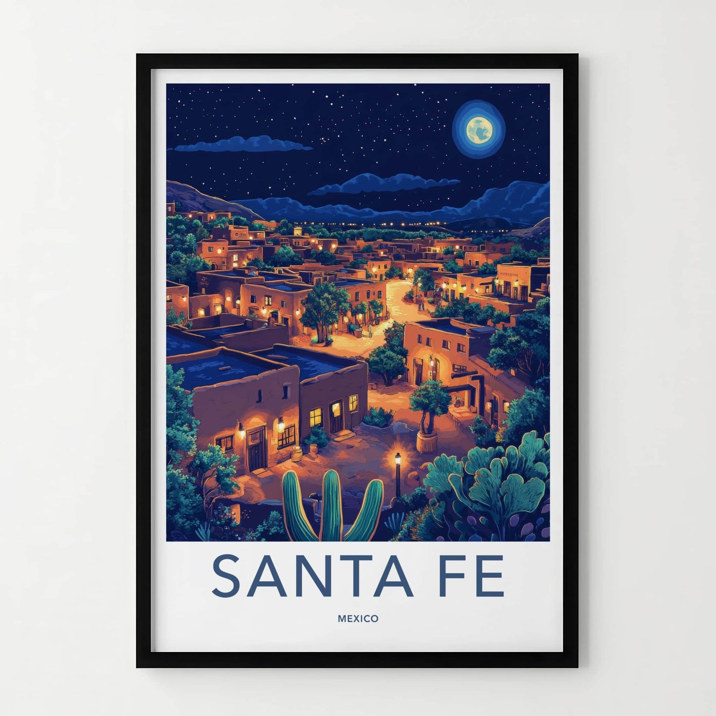 Santa Fe Poster - Mexico Travel Art - Moonlit Desert Town Home Decor
