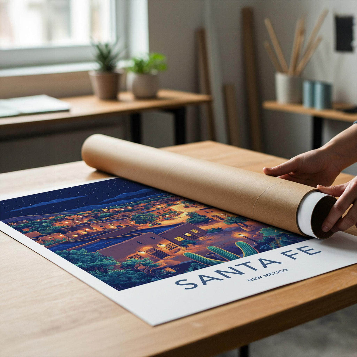 A person's hands are shown unrolling a large cardboard poster print from a roll on a wooden table. The poster features a colorful night scene of Santa Fe, New Mexico, with a white border and the text 'SANTA FE NEW MEXICO'.