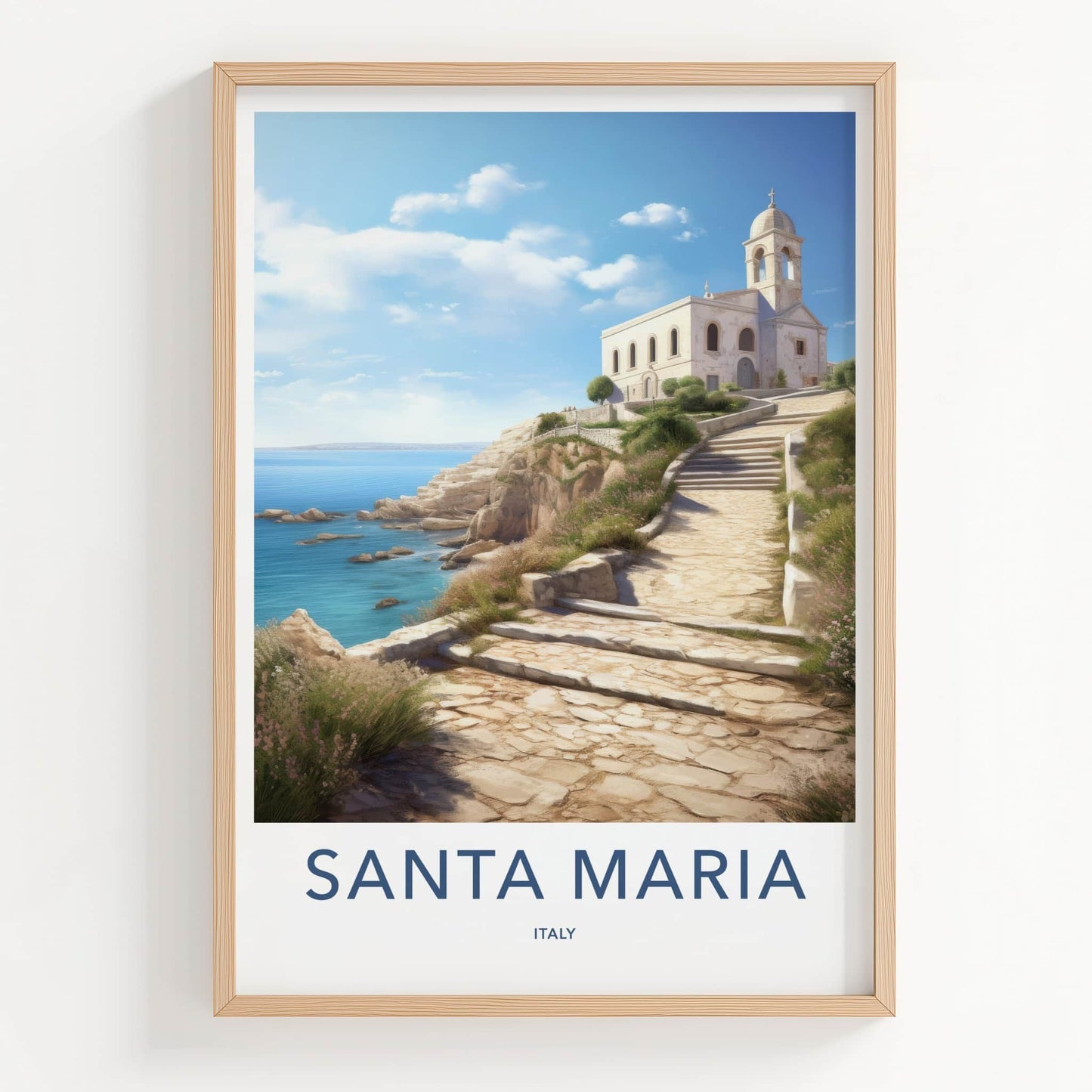 Santa Maria Poster - Italy Travel Art - Coastal Church Pathway Home Decor