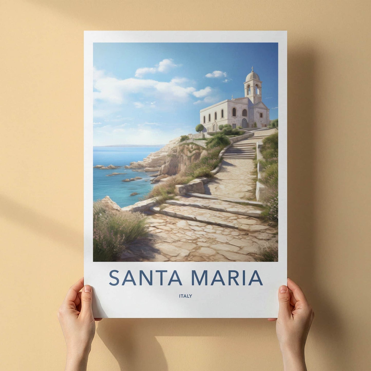 Santa Maria Poster - Italy Travel Art - Coastal Church Pathway Home Decor