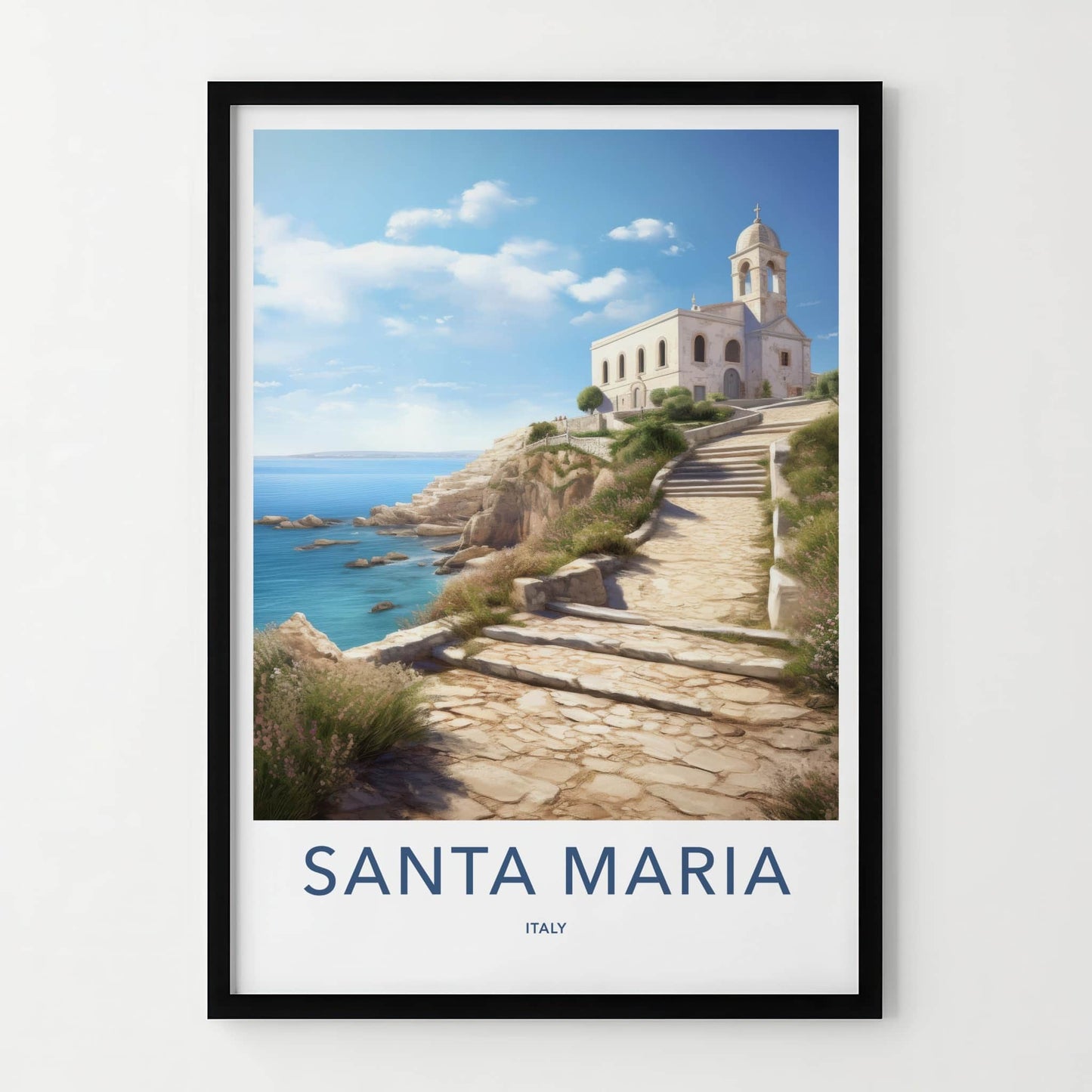 Santa Maria Poster - Italy Travel Art - Coastal Church Pathway Home Decor