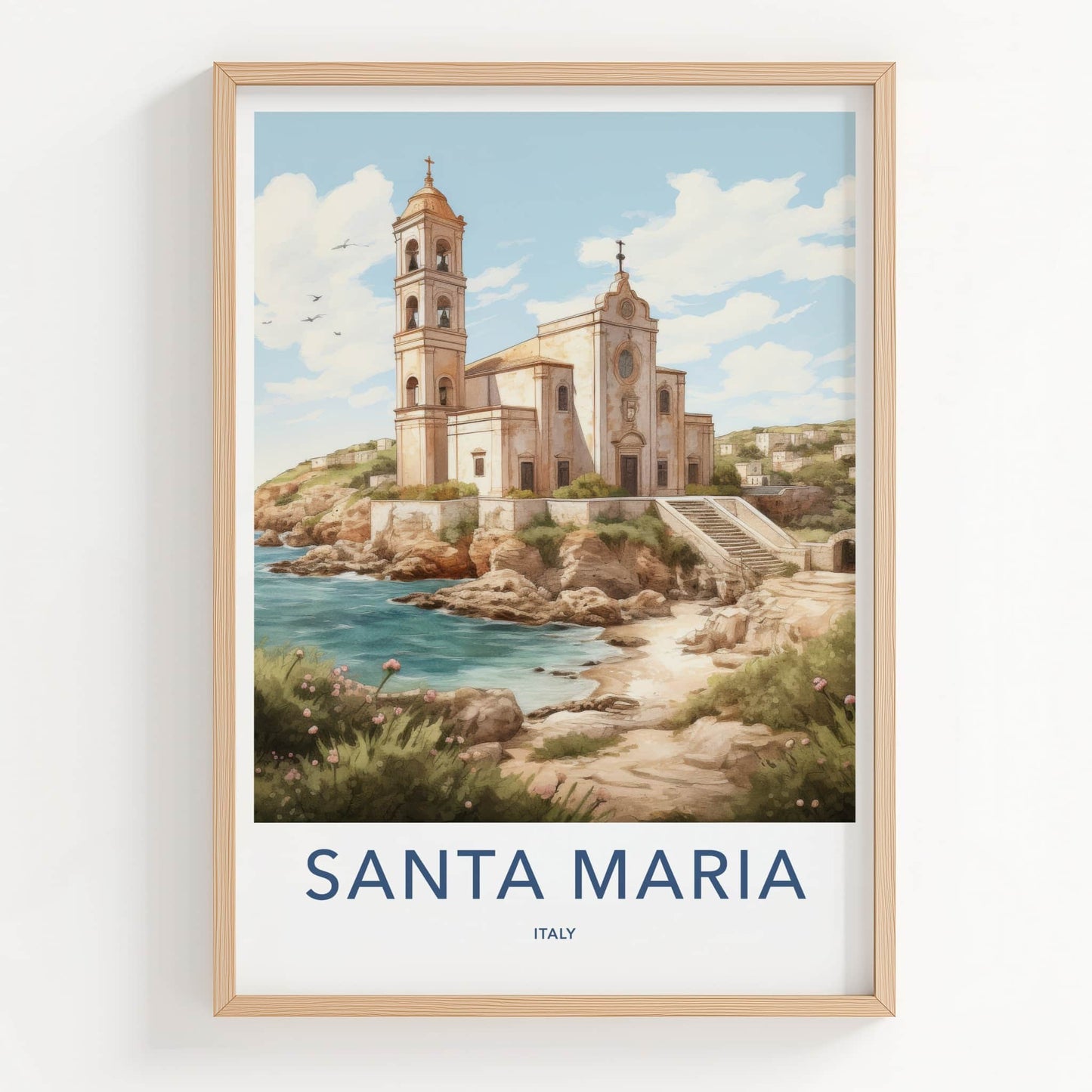 Santa Maria Poster - Italy Travel Art - Historic Cliffside Church Home Decor