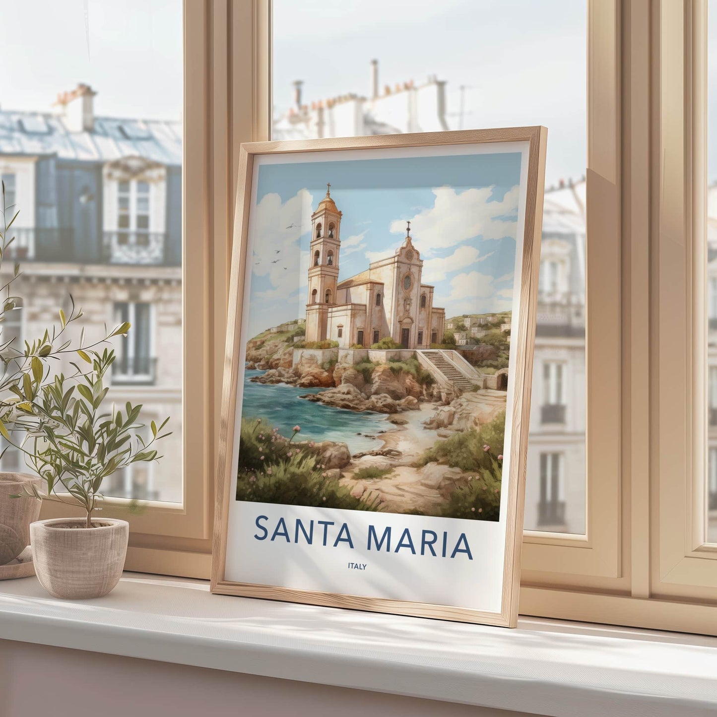Santa Maria Poster - Italy Travel Art - Historic Cliffside Church Home Decor