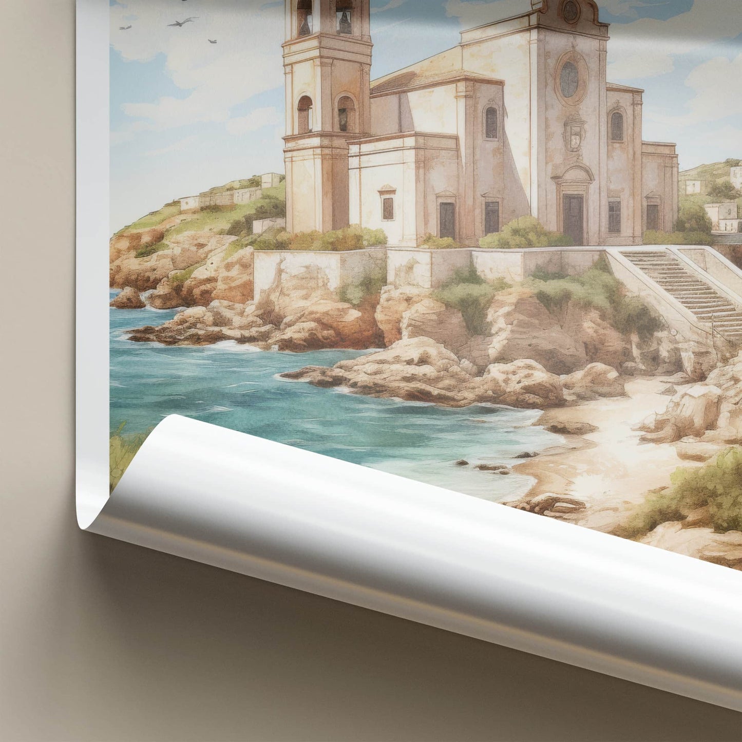 Santa Maria Poster - Italy Travel Art - Historic Cliffside Church Home Decor