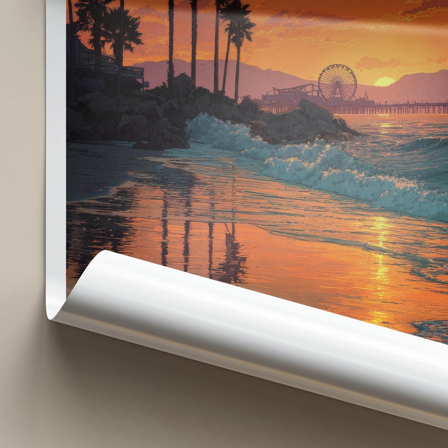 Santa Monica Poster - California Travel Print - Sunset Palm Waves Home Decor