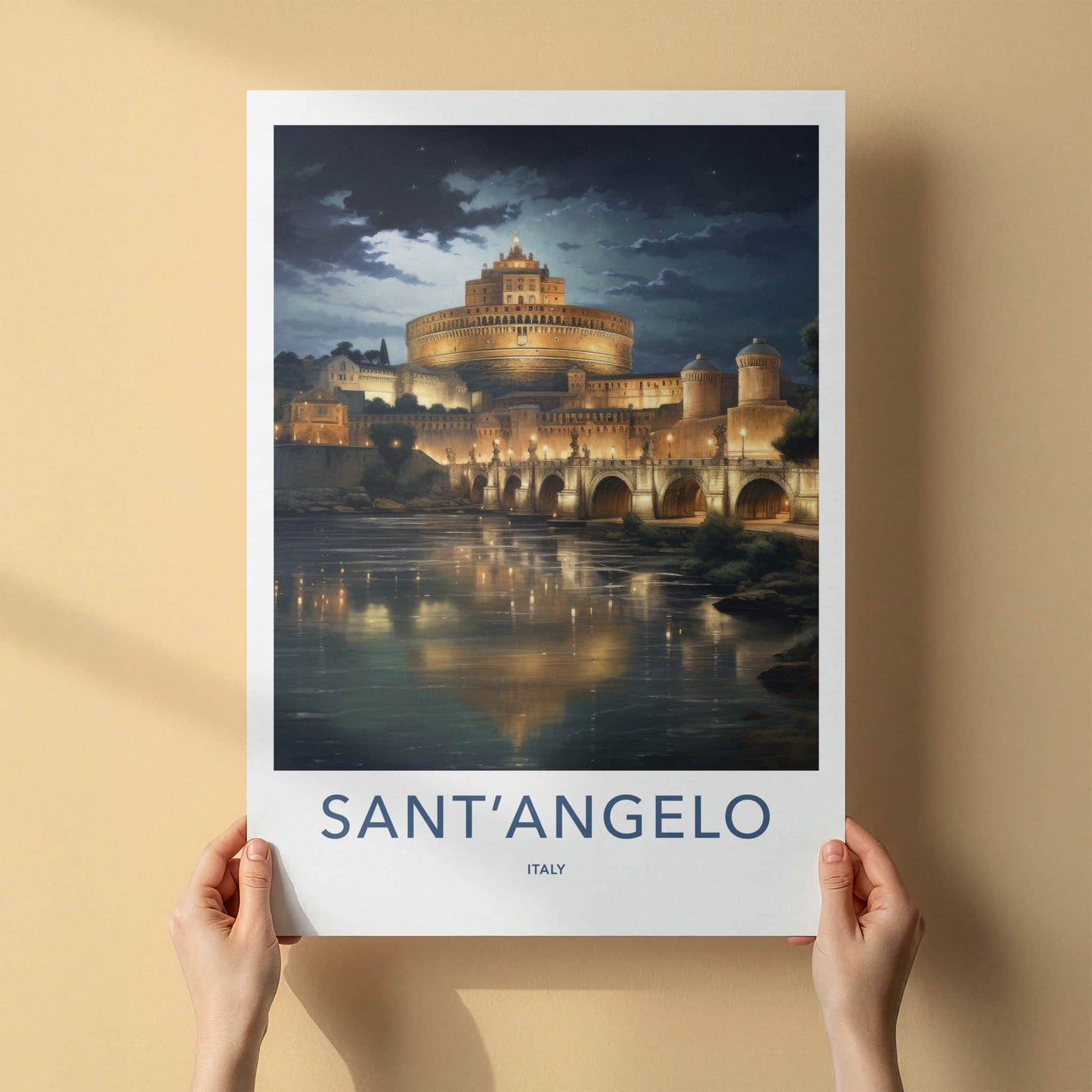 SantAngelo Poster - Italy Travel Art - Illuminated River Bridge Home Decor