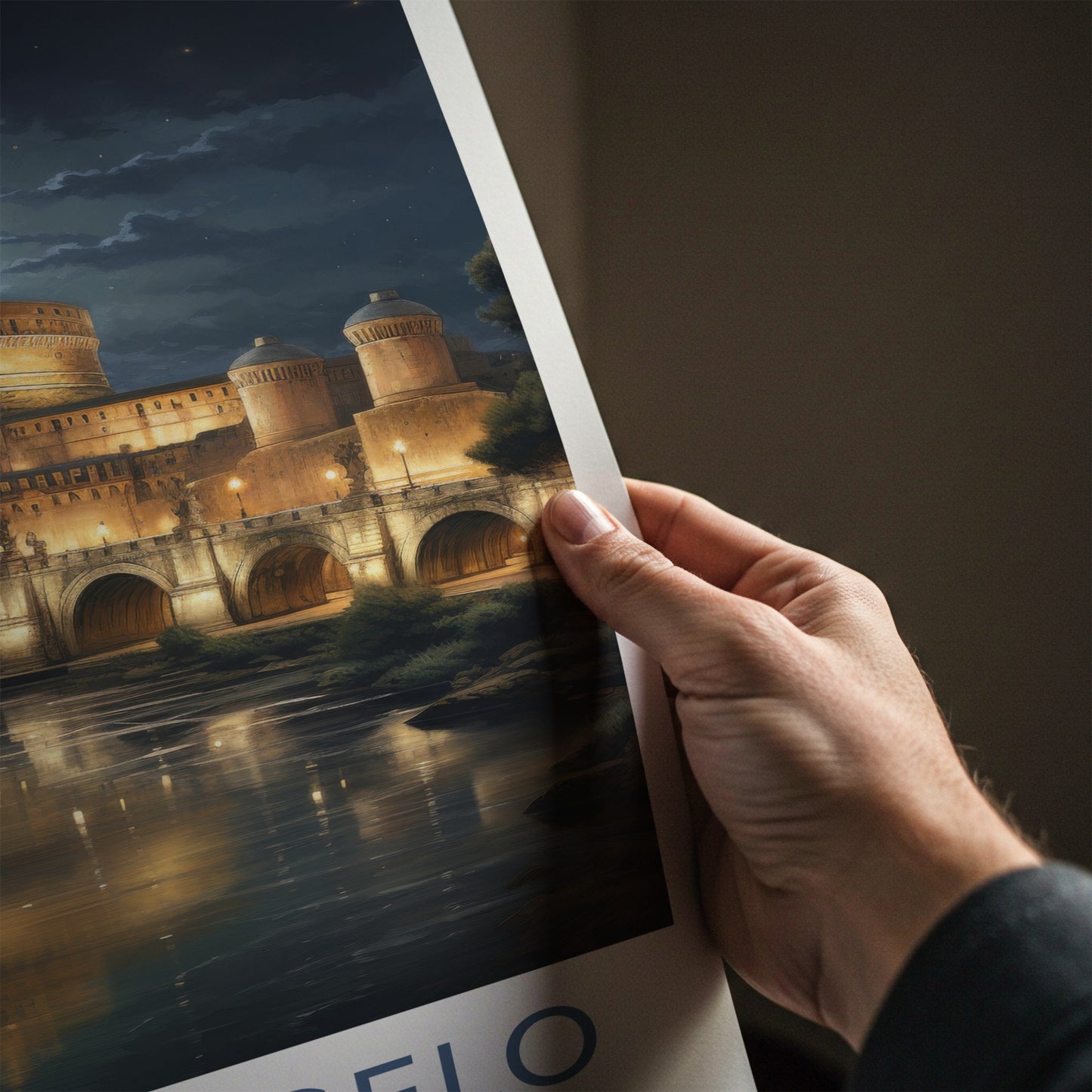 SantAngelo Poster - Italy Travel Art - Illuminated River Bridge Home Decor