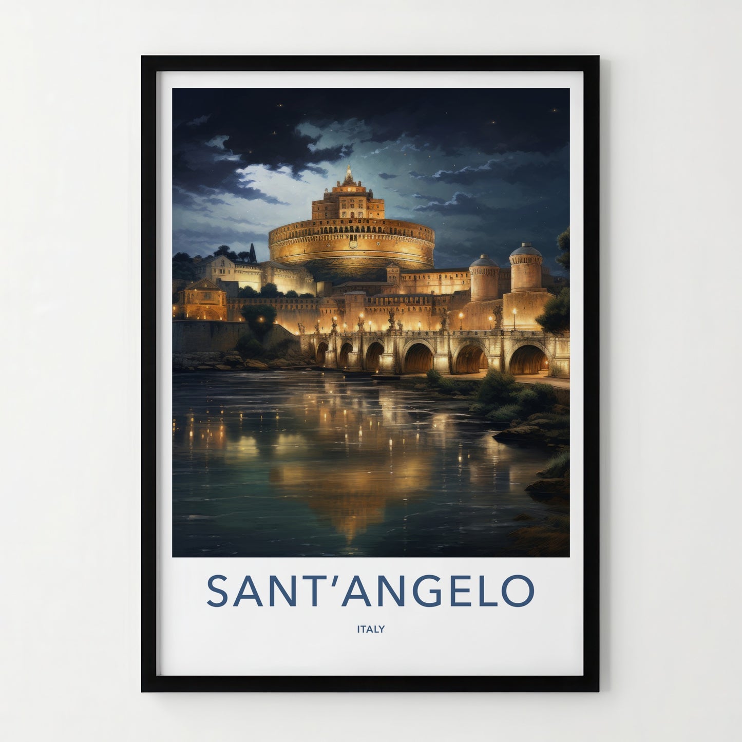 SantAngelo Poster - Italy Travel Art - Illuminated River Bridge Home Decor