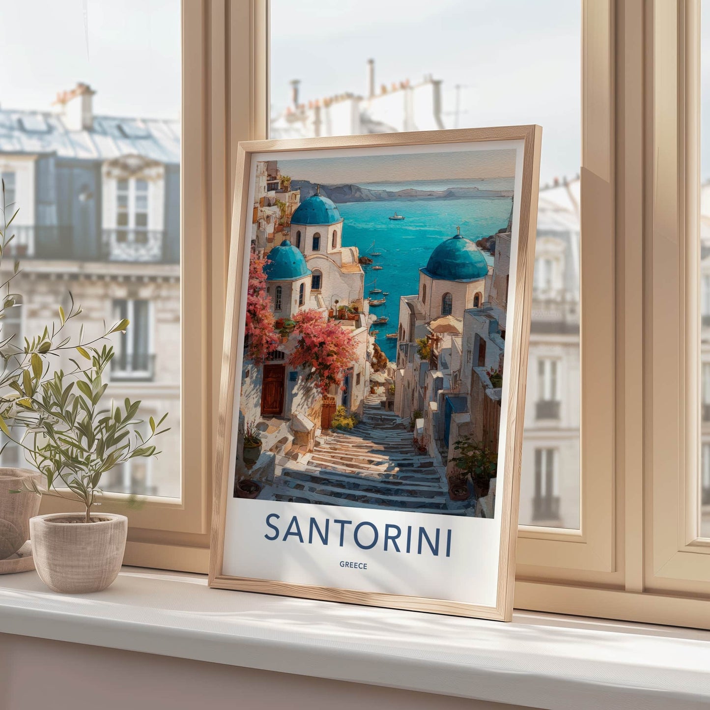 Santorini Poster - Greece Travel Art - Blue Domes Steps Gallery Art