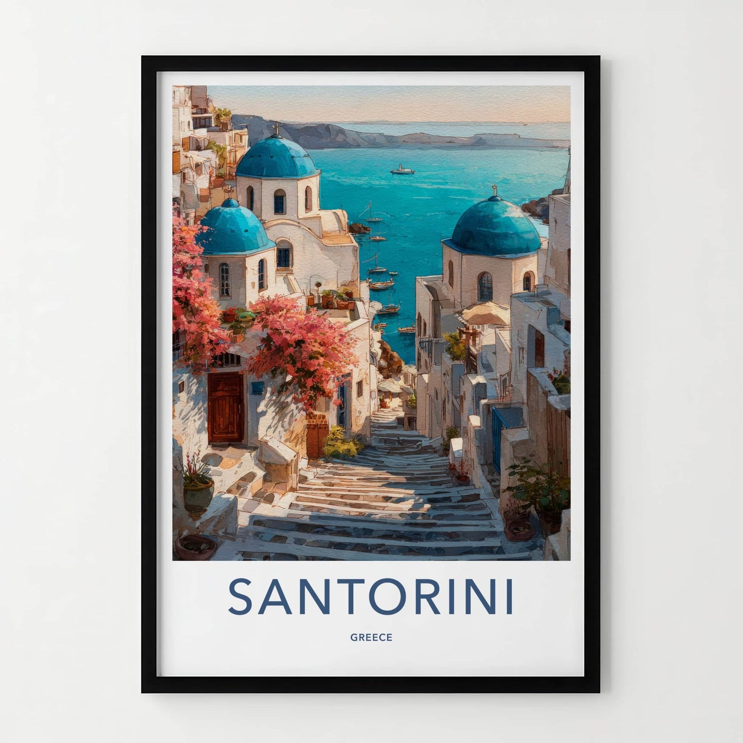 Santorini Poster - Greece Travel Art - Blue Domes Steps Gallery Art