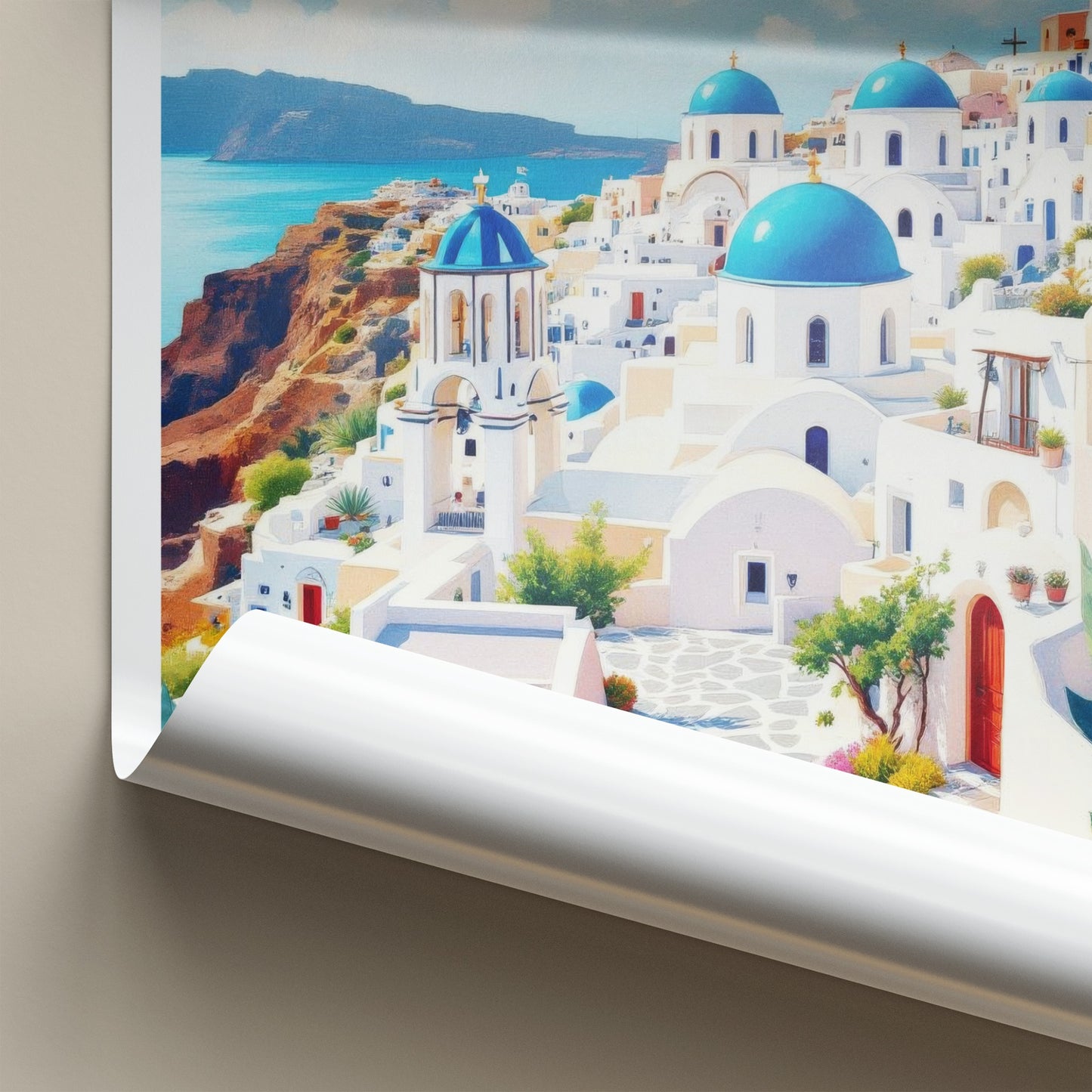 Santorini Poster - Greece Travel Art - Coastal Hillside Mediterranean Decor