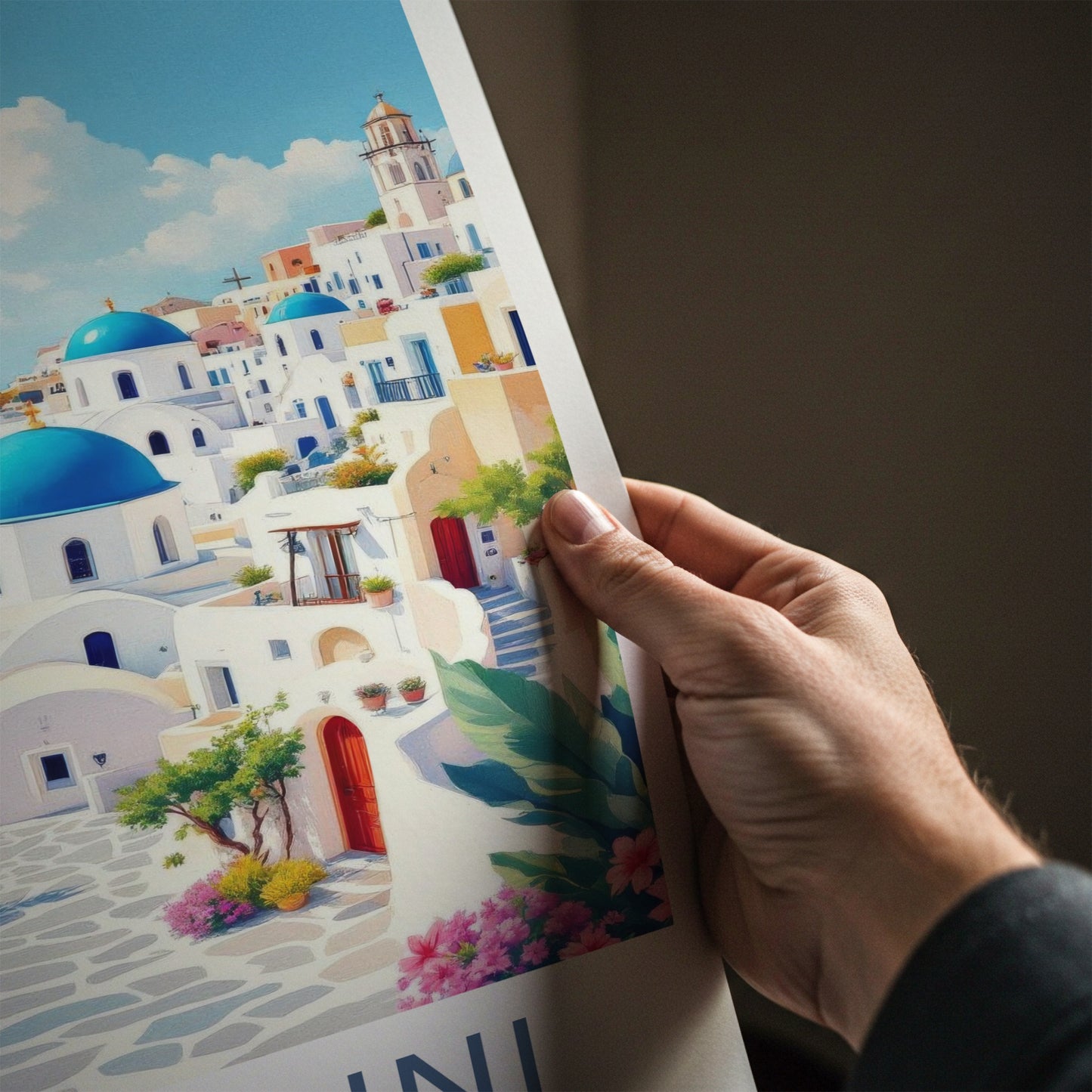 Santorini Poster - Greece Travel Art - Coastal Hillside Mediterranean Decor