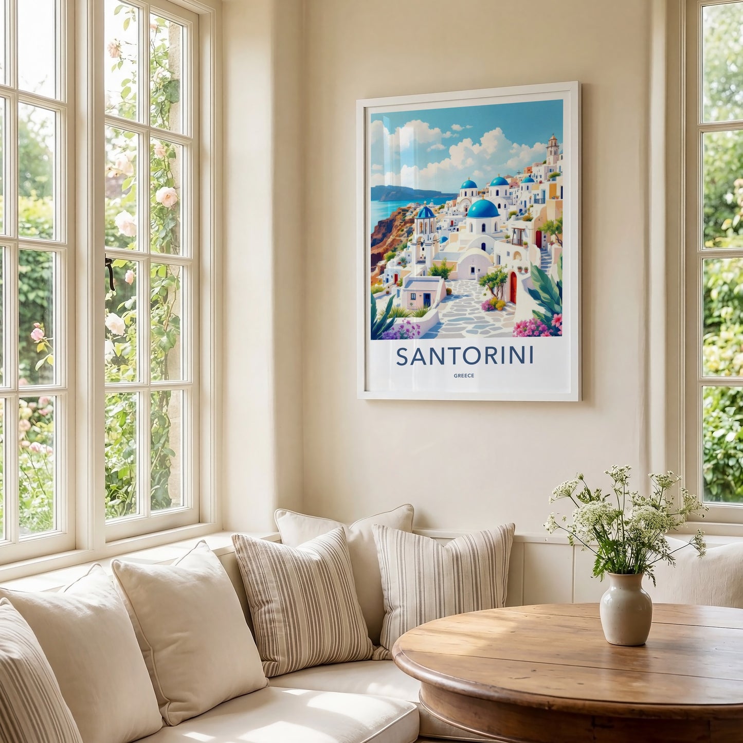 Santorini Poster - Greece Travel Art - Coastal Hillside Mediterranean Decor