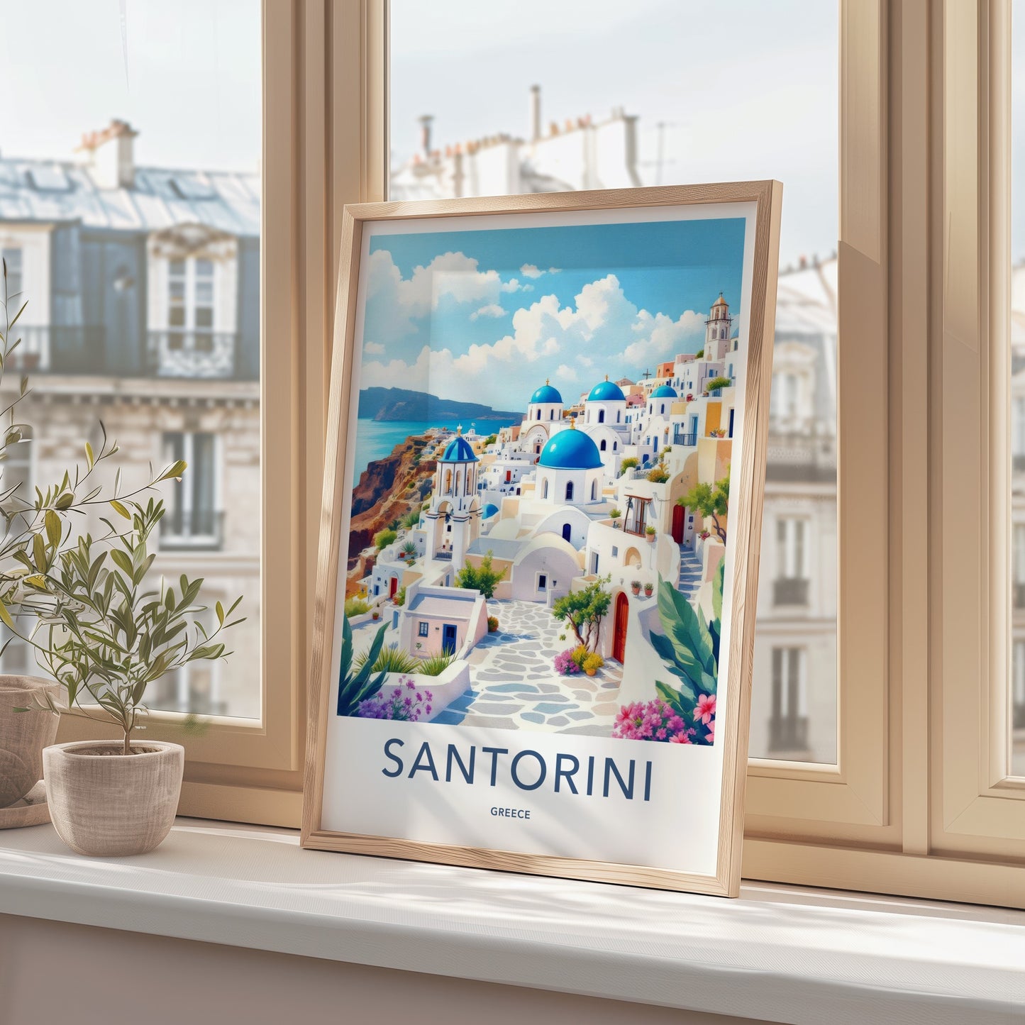 Santorini Poster - Greece Travel Art - Coastal Hillside Mediterranean Decor