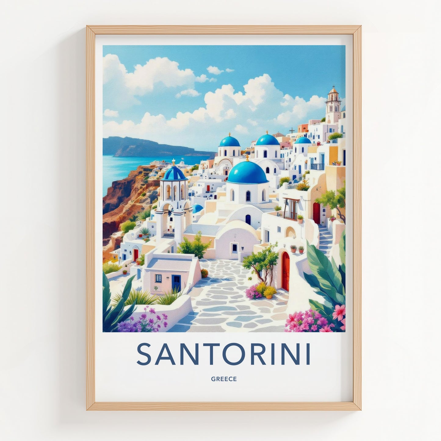Santorini Poster - Greece Travel Art - Coastal Hillside Mediterranean Decor