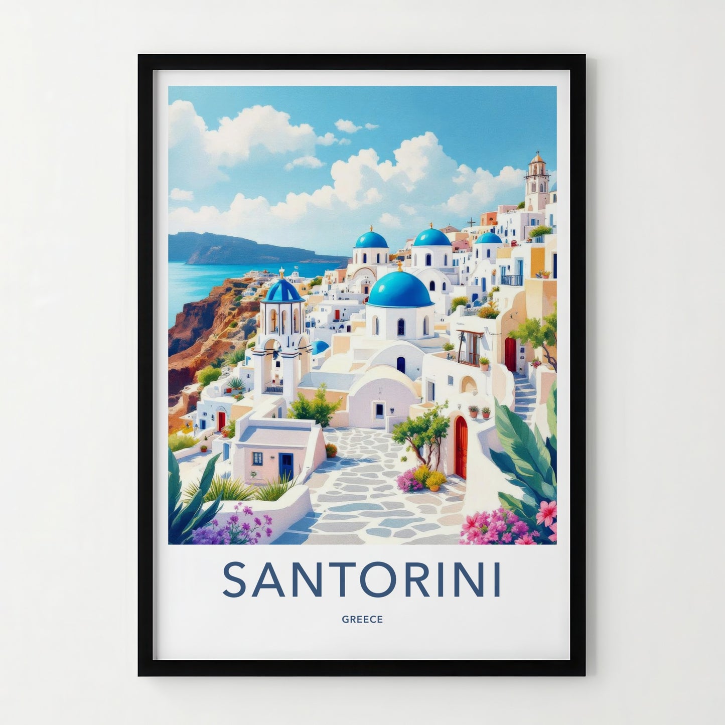 Santorini Poster - Greece Travel Art - Coastal Hillside Mediterranean Decor