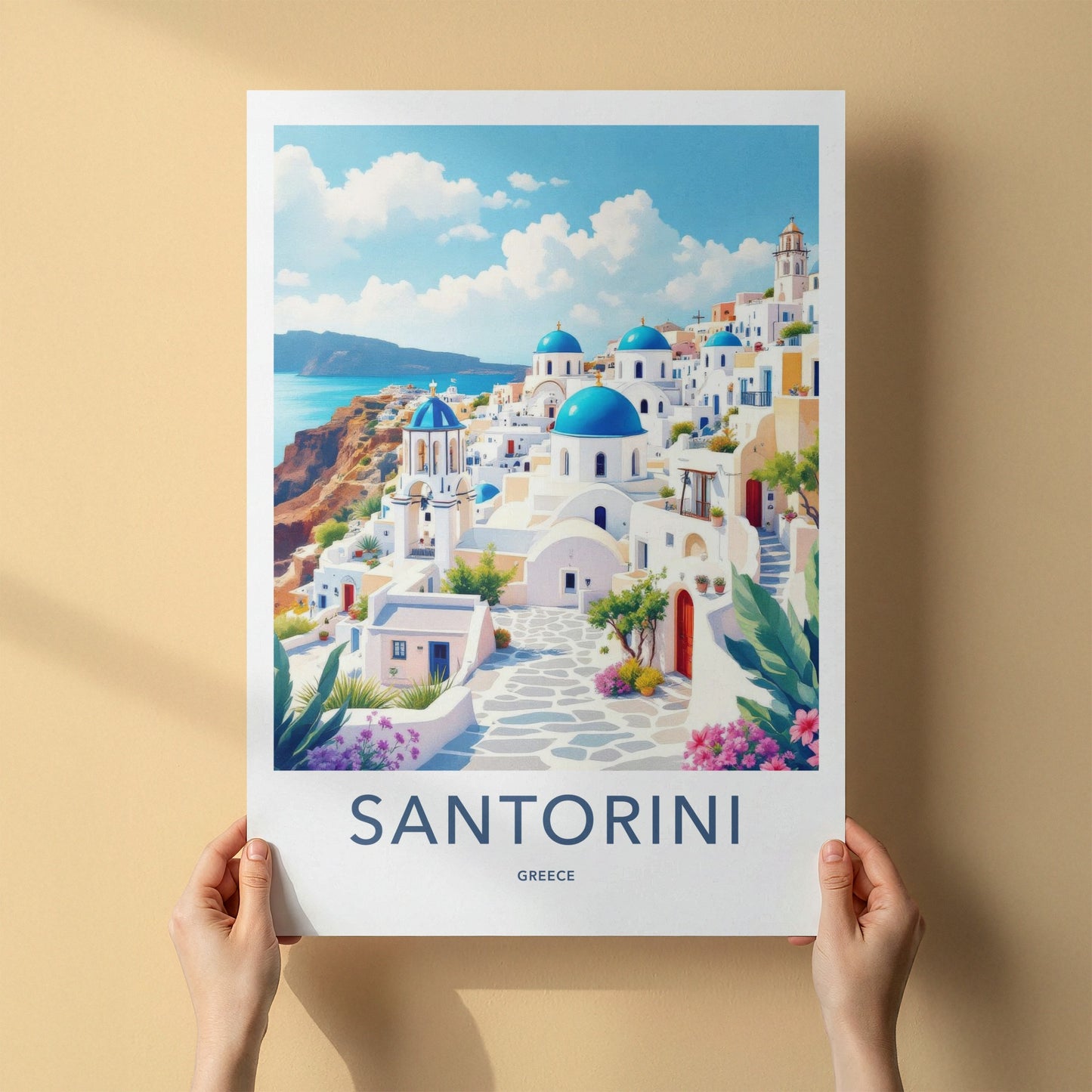 Santorini Poster - Greece Travel Art - Coastal Hillside Mediterranean Decor