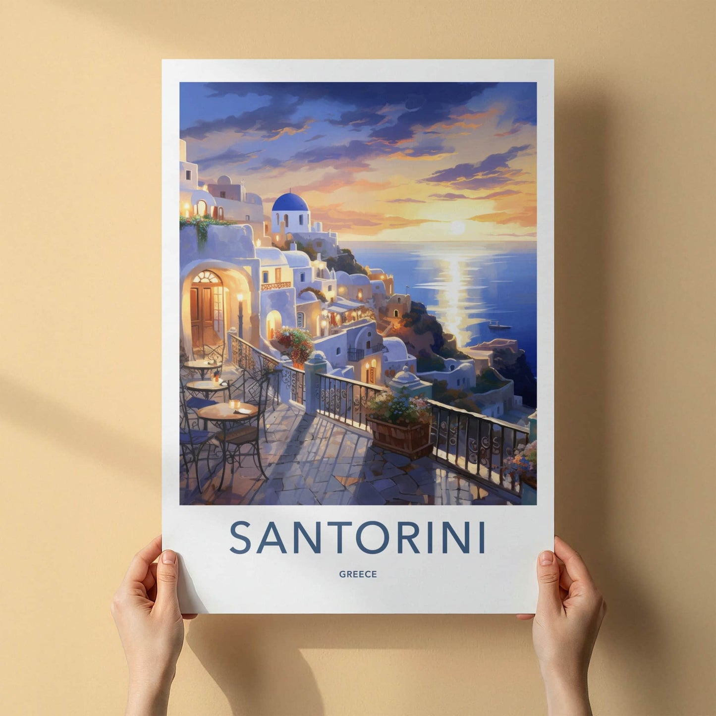 Santorini Poster - Greece Travel Art - Cycladic Cliffside Sunset Home Decor
