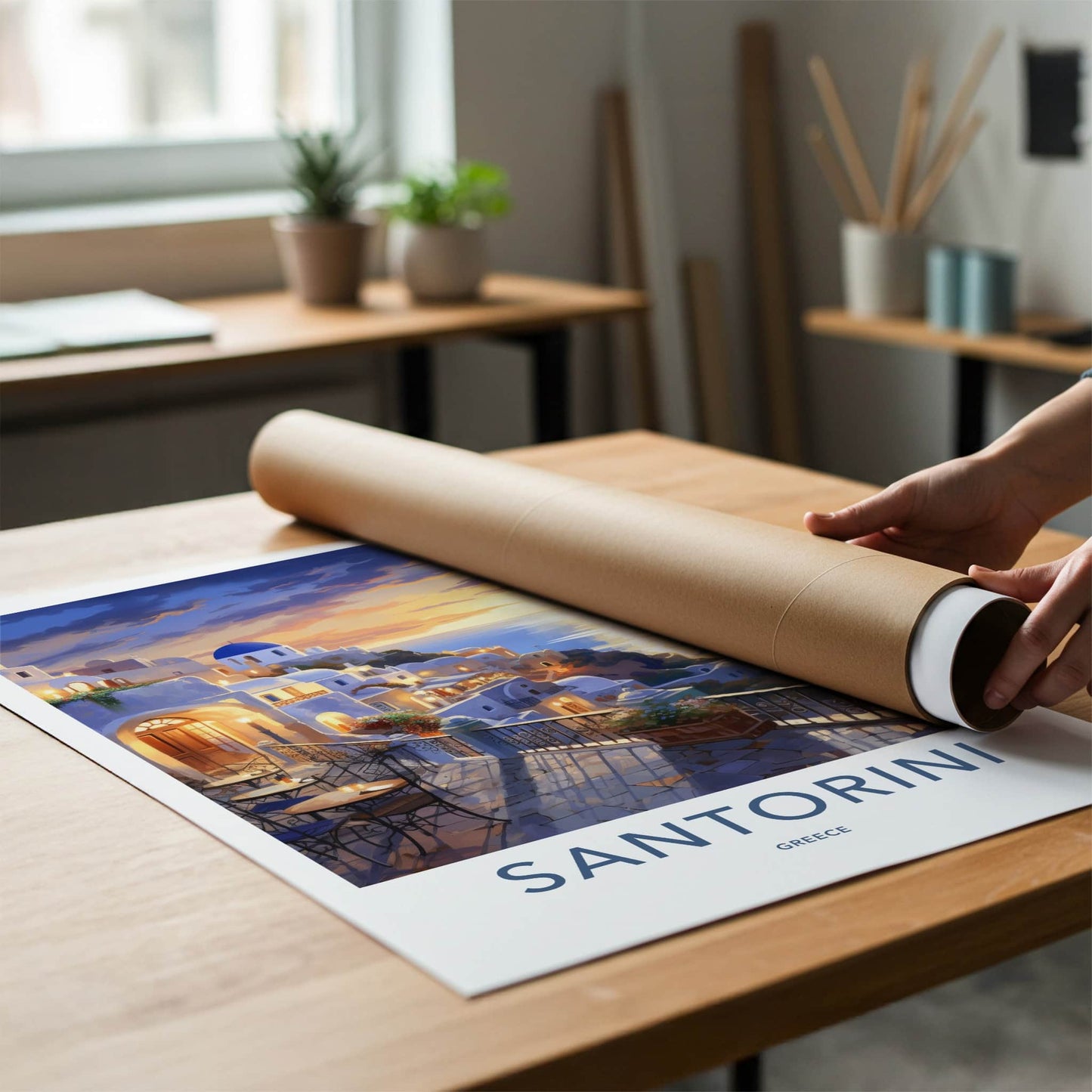 Santorini Poster - Greece Travel Art - Cycladic Cliffside Sunset Home Decor
