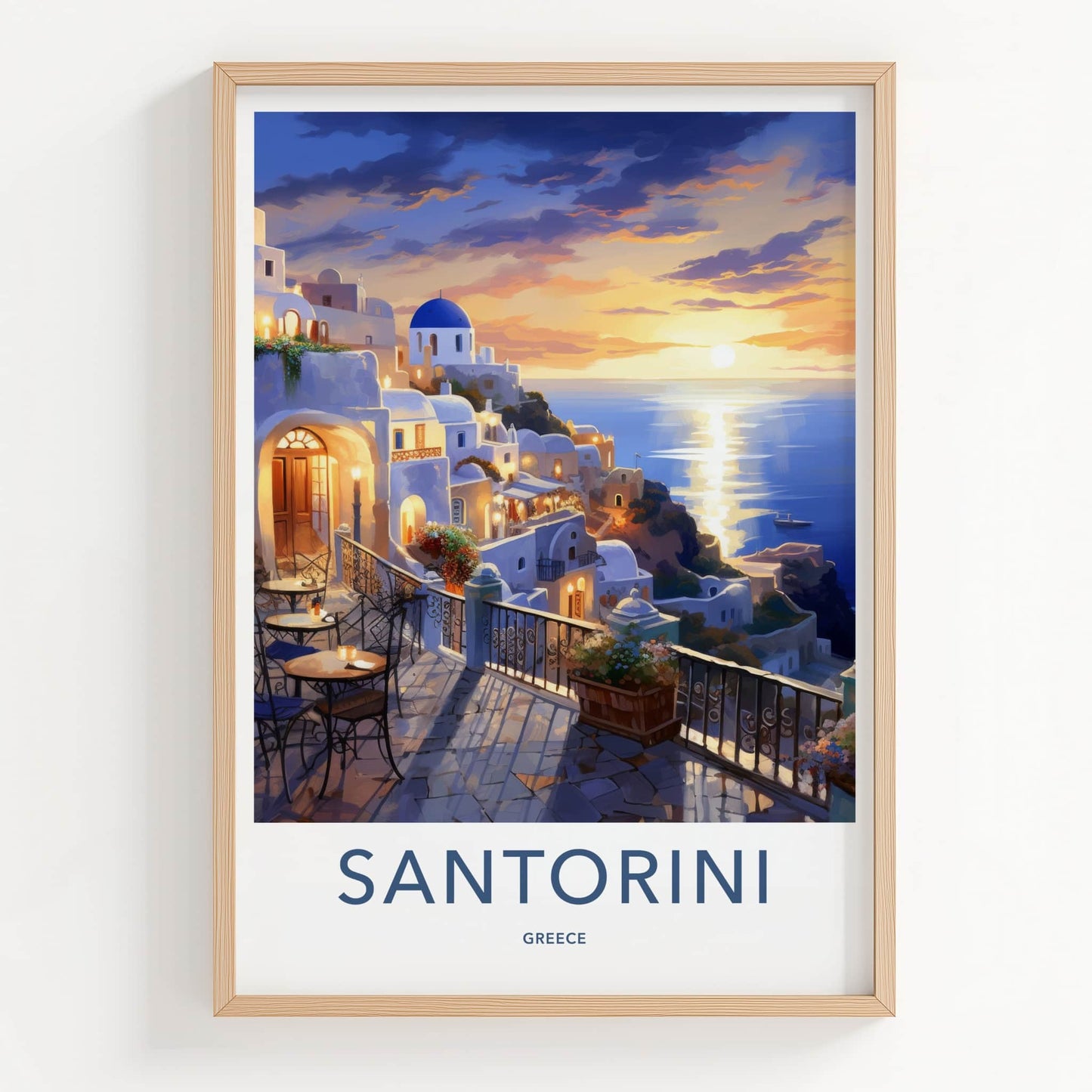 Santorini Poster - Greece Travel Art - Cycladic Cliffside Sunset Home Decor