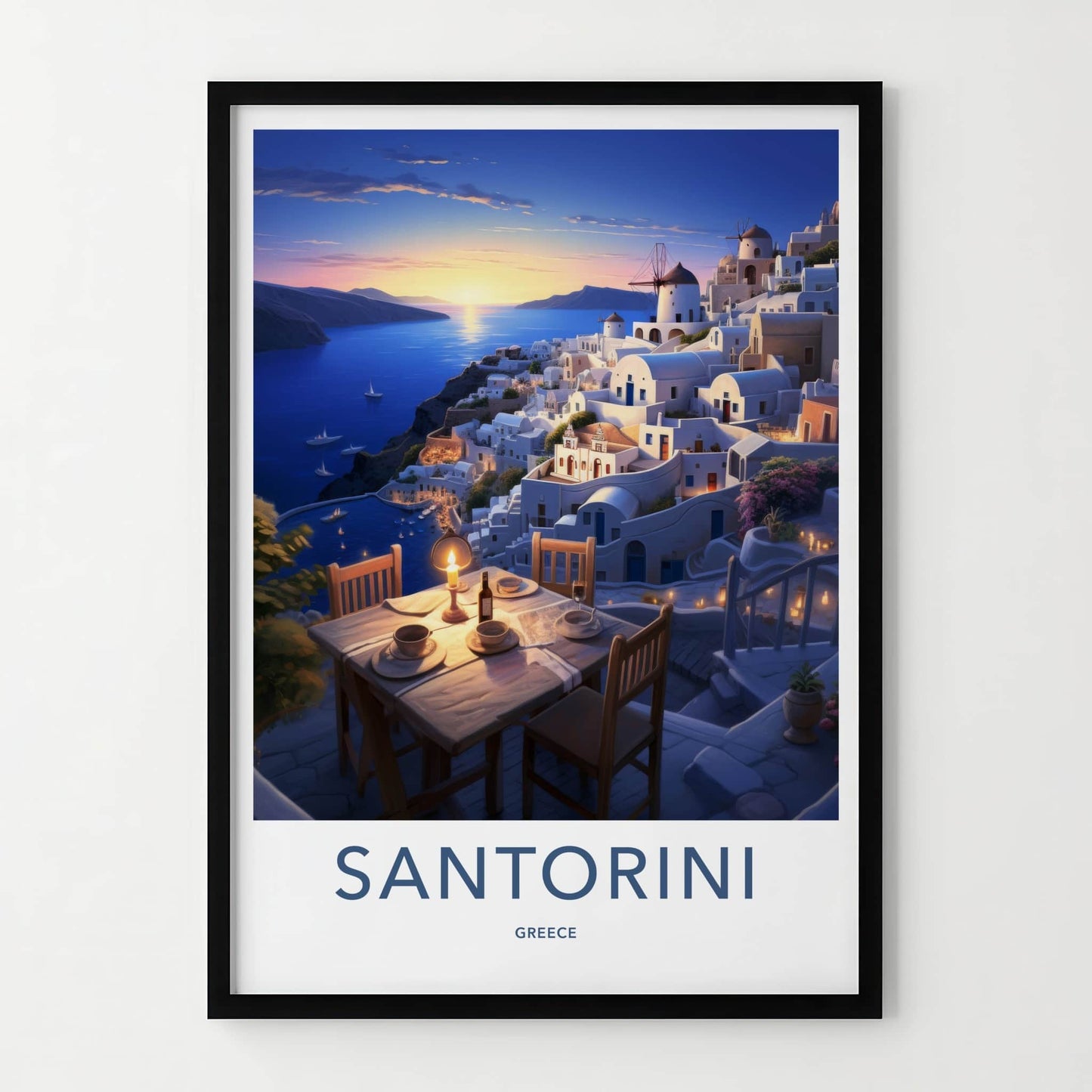 Santorini Poster - Greece Travel Art - Sunset Cliffside Dinner Home Decor