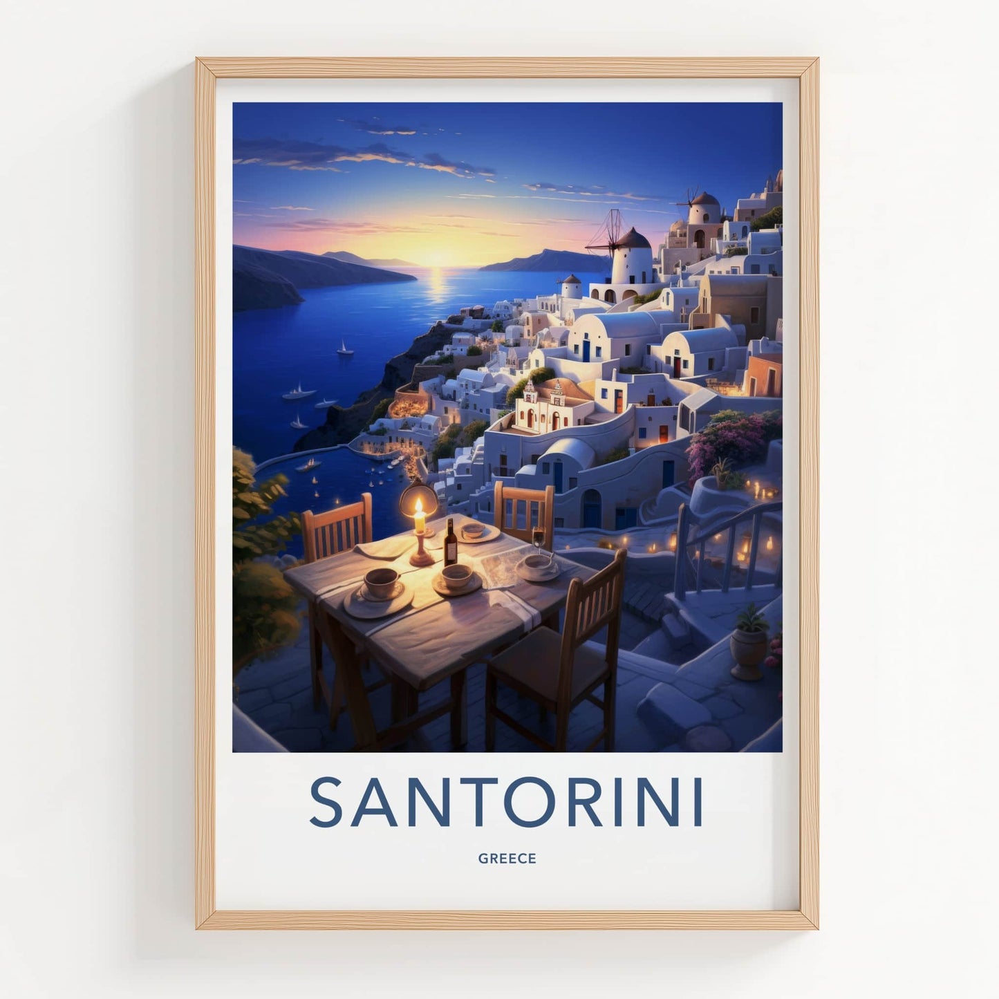 Santorini Poster - Greece Travel Art - Sunset Cliffside Dinner Home Decor