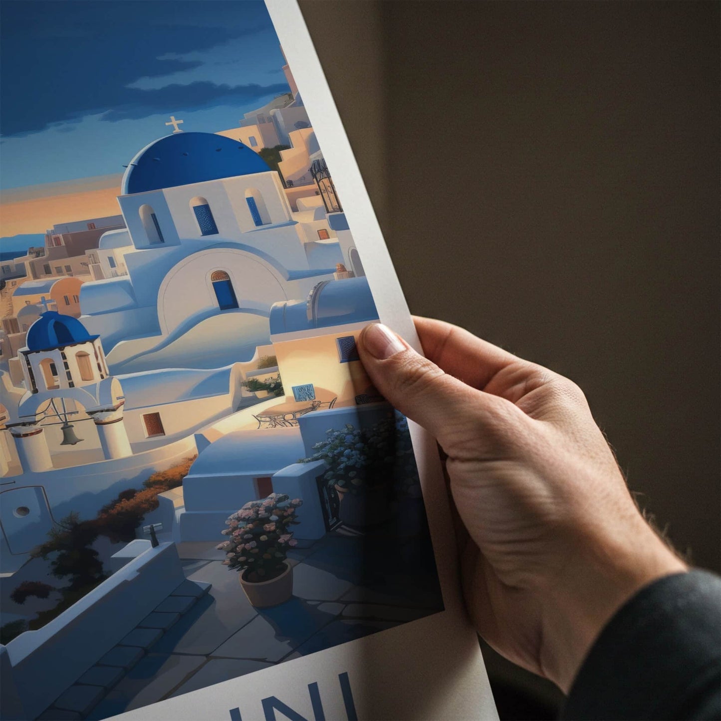 Santorini Poster - Greece Travel Art - Sunset Coastal Village Wall Decor