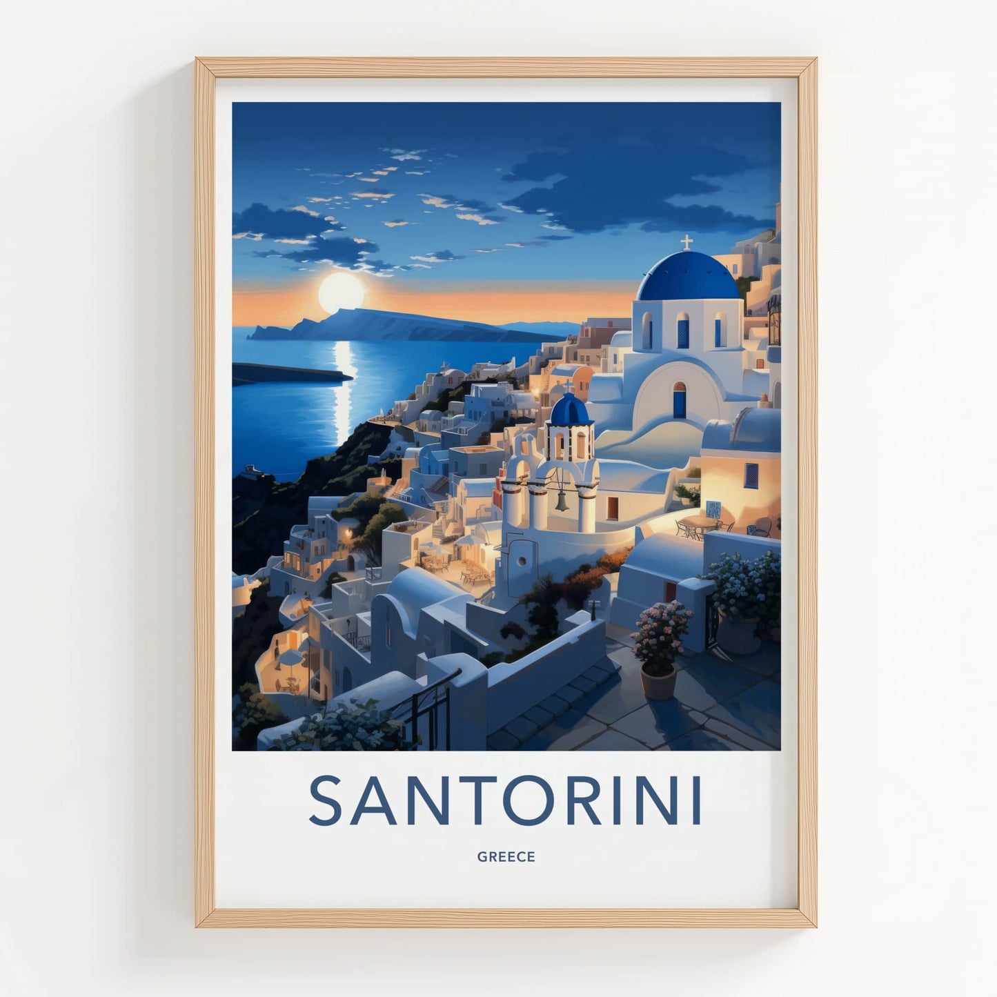 Santorini Poster - Greece Travel Art - Sunset Coastal Village Wall Decor