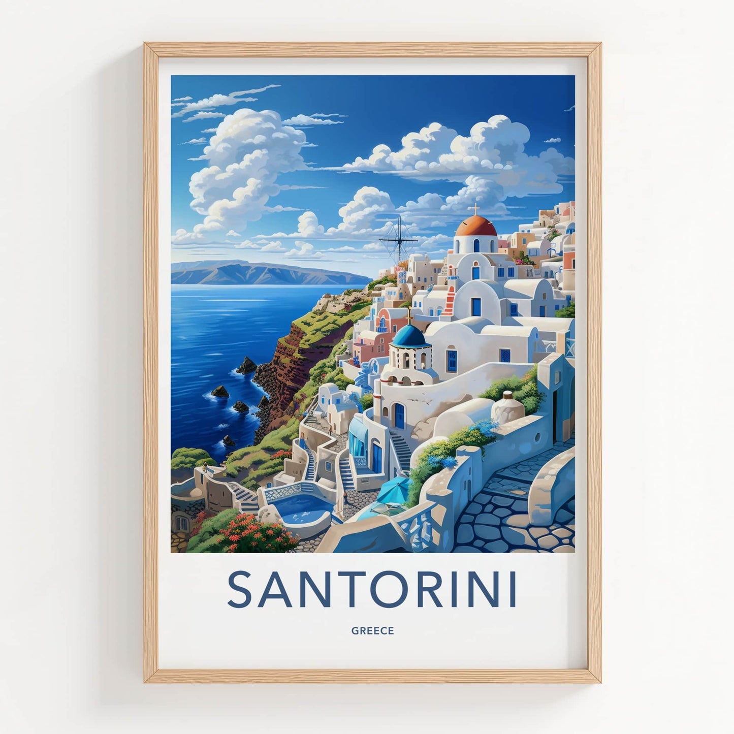 Santorini Poster - Greece Travel Art - Whitewashed Cliffside Village Gift