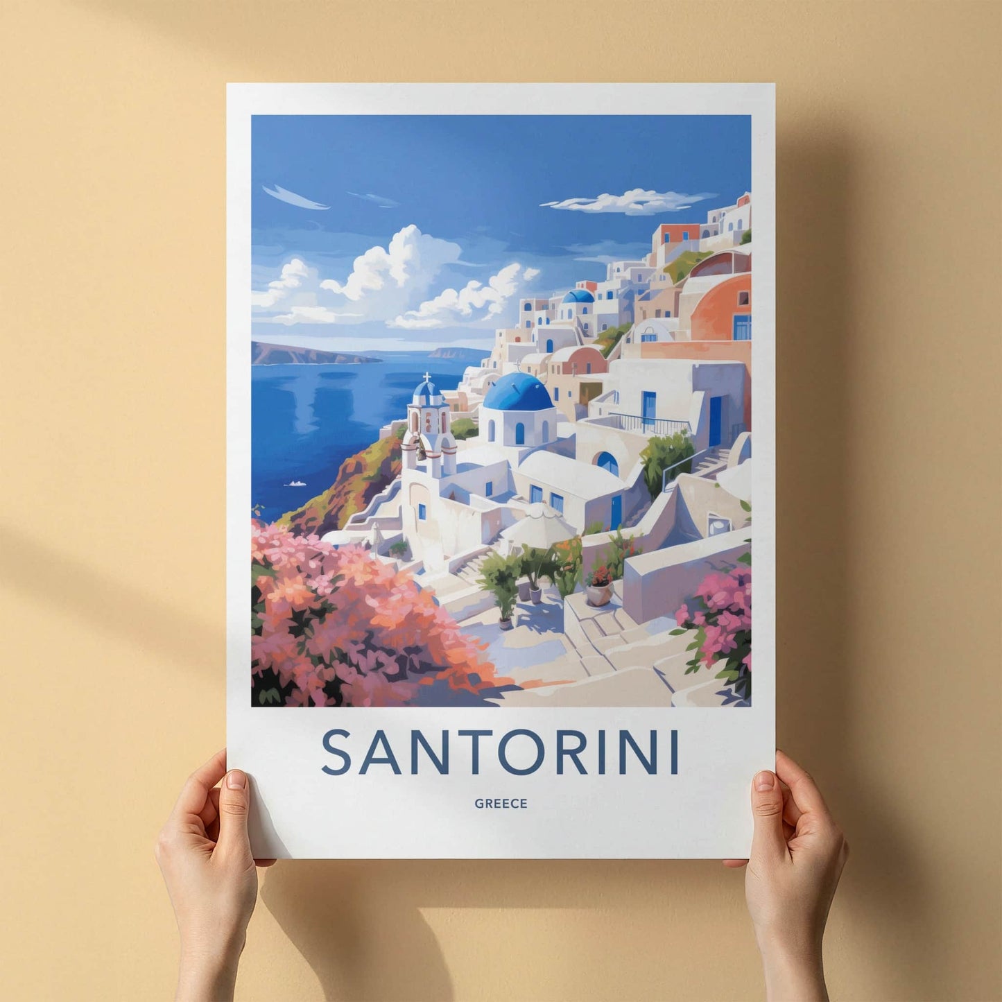 Santorini Poster - Greece Travel Art - Whitewashed Cliffside Village Home Decor