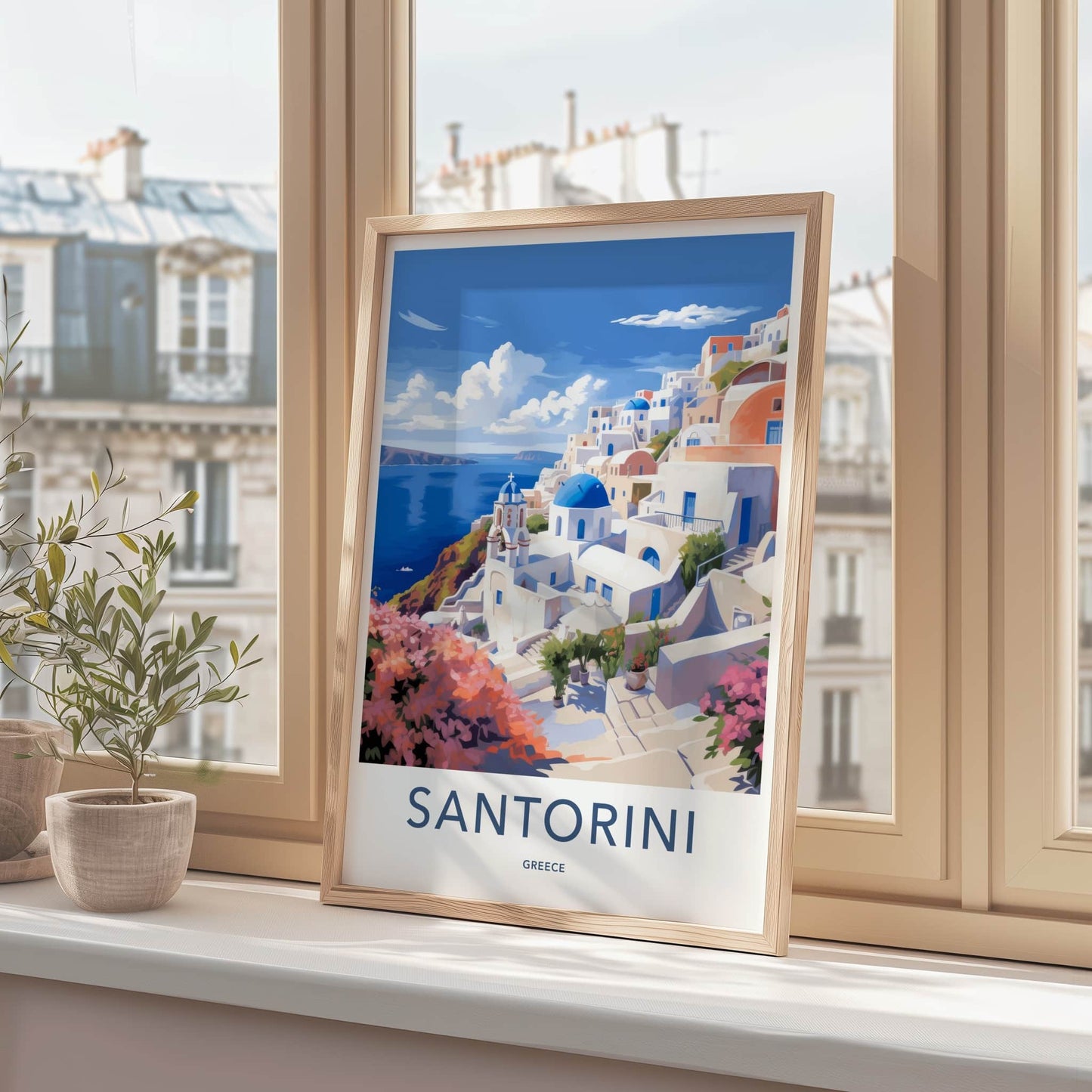 Santorini Poster - Greece Travel Art - Whitewashed Cliffside Village Home Decor