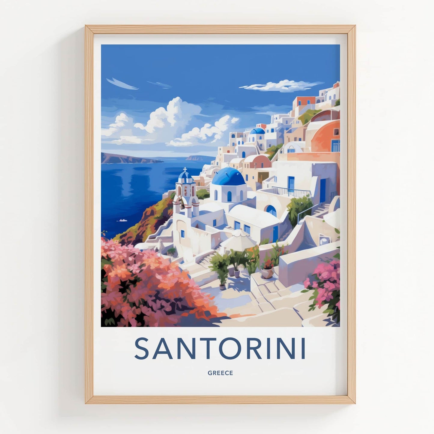 Santorini Poster - Greece Travel Art - Whitewashed Cliffside Village Home Decor