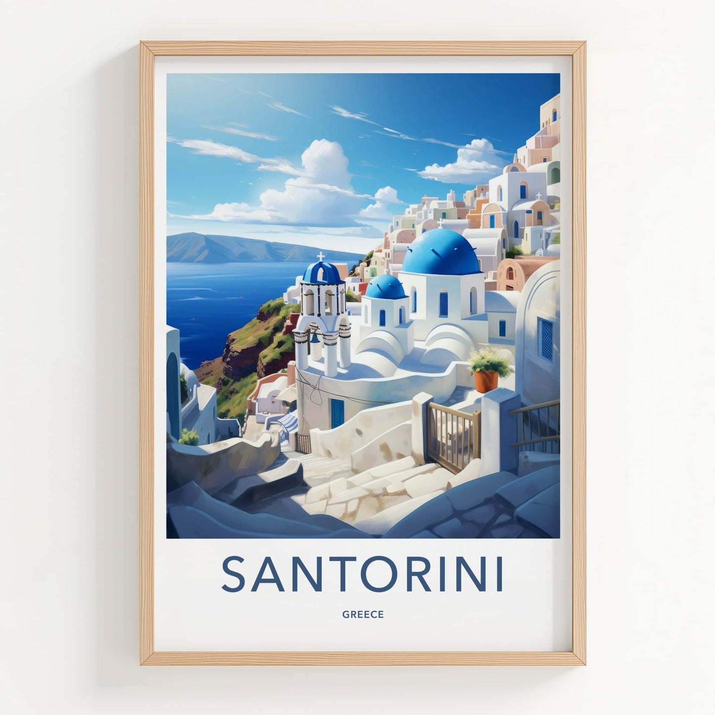 Santorini Poster - Greece Travel Art - Whitewashed Hillside Village Home Decor