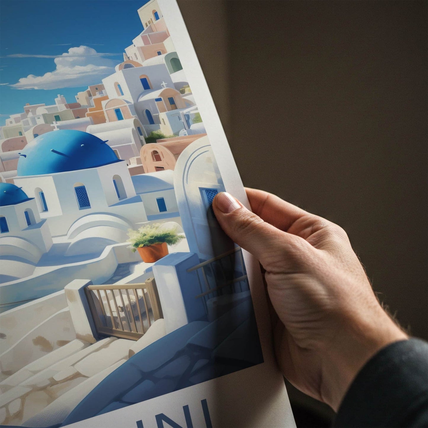 Santorini Poster - Greece Travel Art - Whitewashed Hillside Village Home Decor