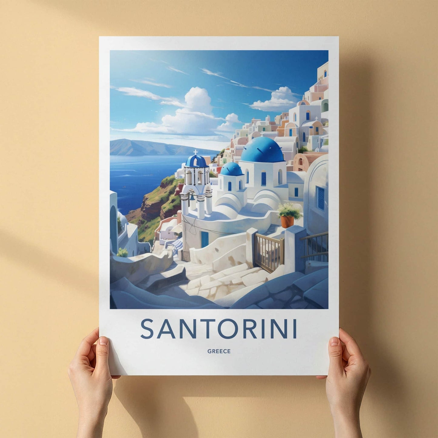 Santorini Poster - Greece Travel Art - Whitewashed Hillside Village Home Decor