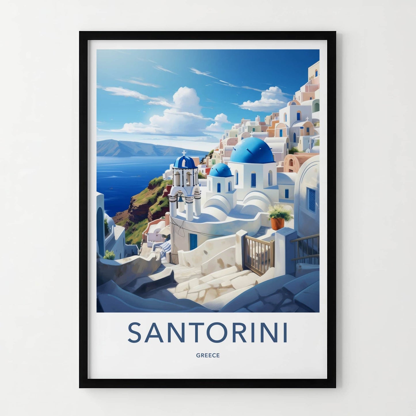 Santorini Poster - Greece Travel Art - Whitewashed Hillside Village Home Decor
