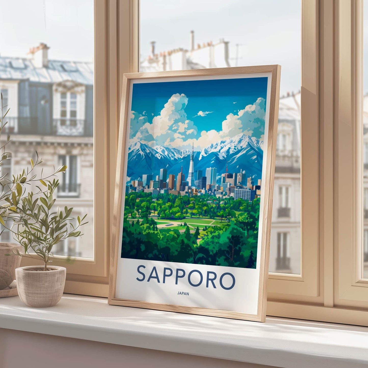 Sapporo Poster - Japan Travel Art - Tower City Mountains Home Decor