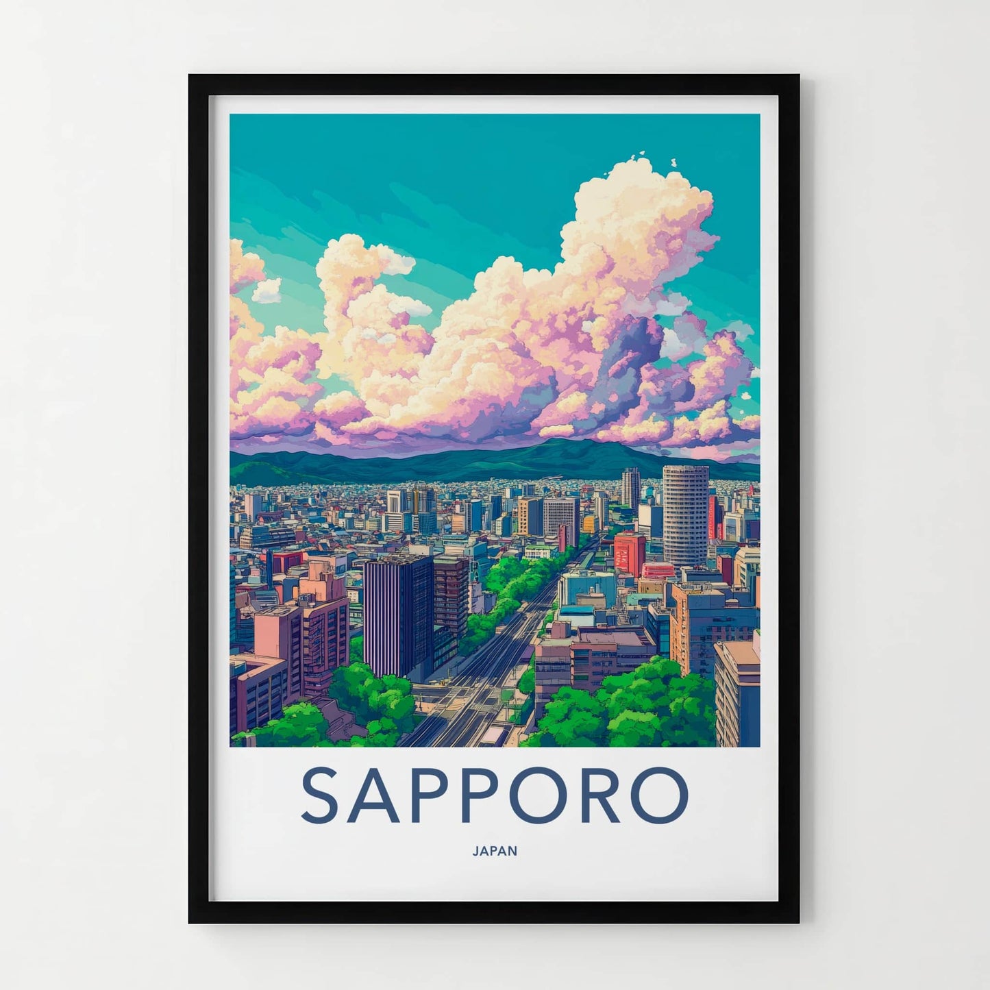 Sapporo Poster - Japan Travel Art - Vibrant Cityscape Clouds Home Decor