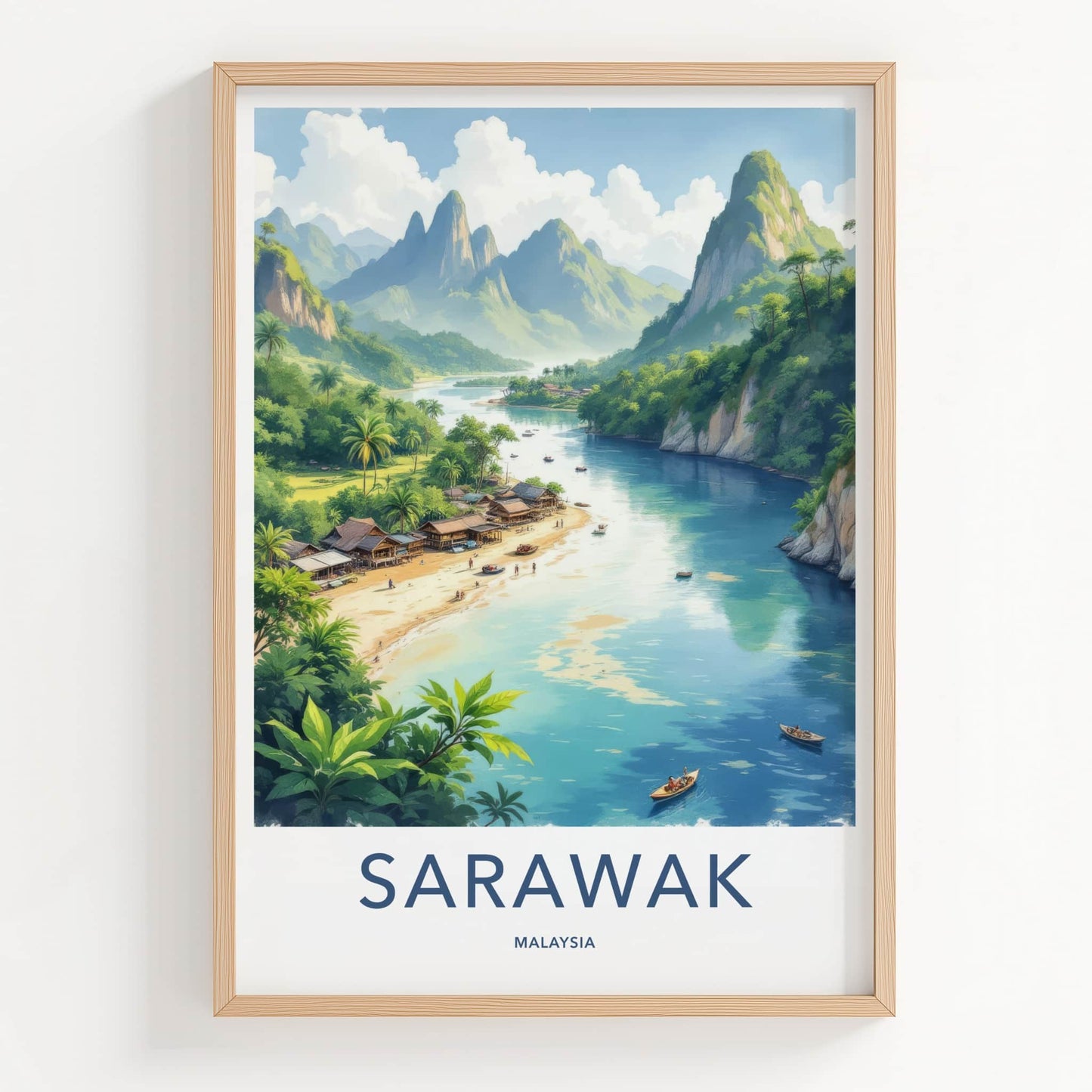 Sarawak Poster - Malaysia Travel Art - Coastal Village Mountains Home Decor