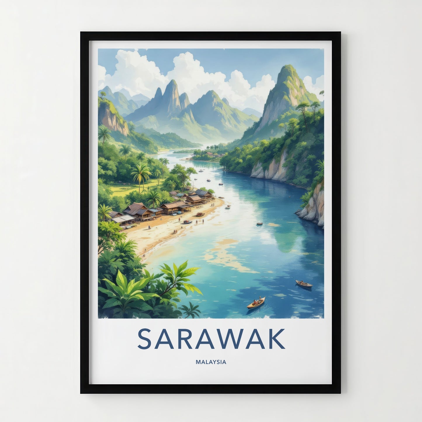 Sarawak Poster - Malaysia Travel Art - Coastal Village Mountains Home Decor