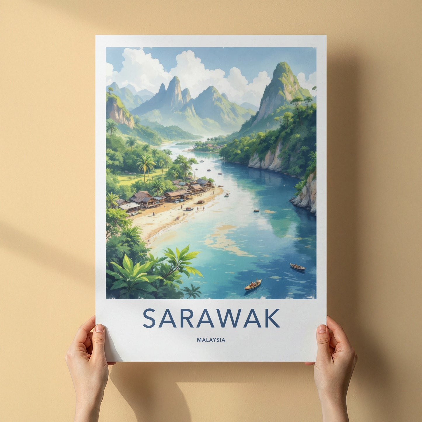 Sarawak Poster - Malaysia Travel Art - Coastal Village Mountains Home Decor